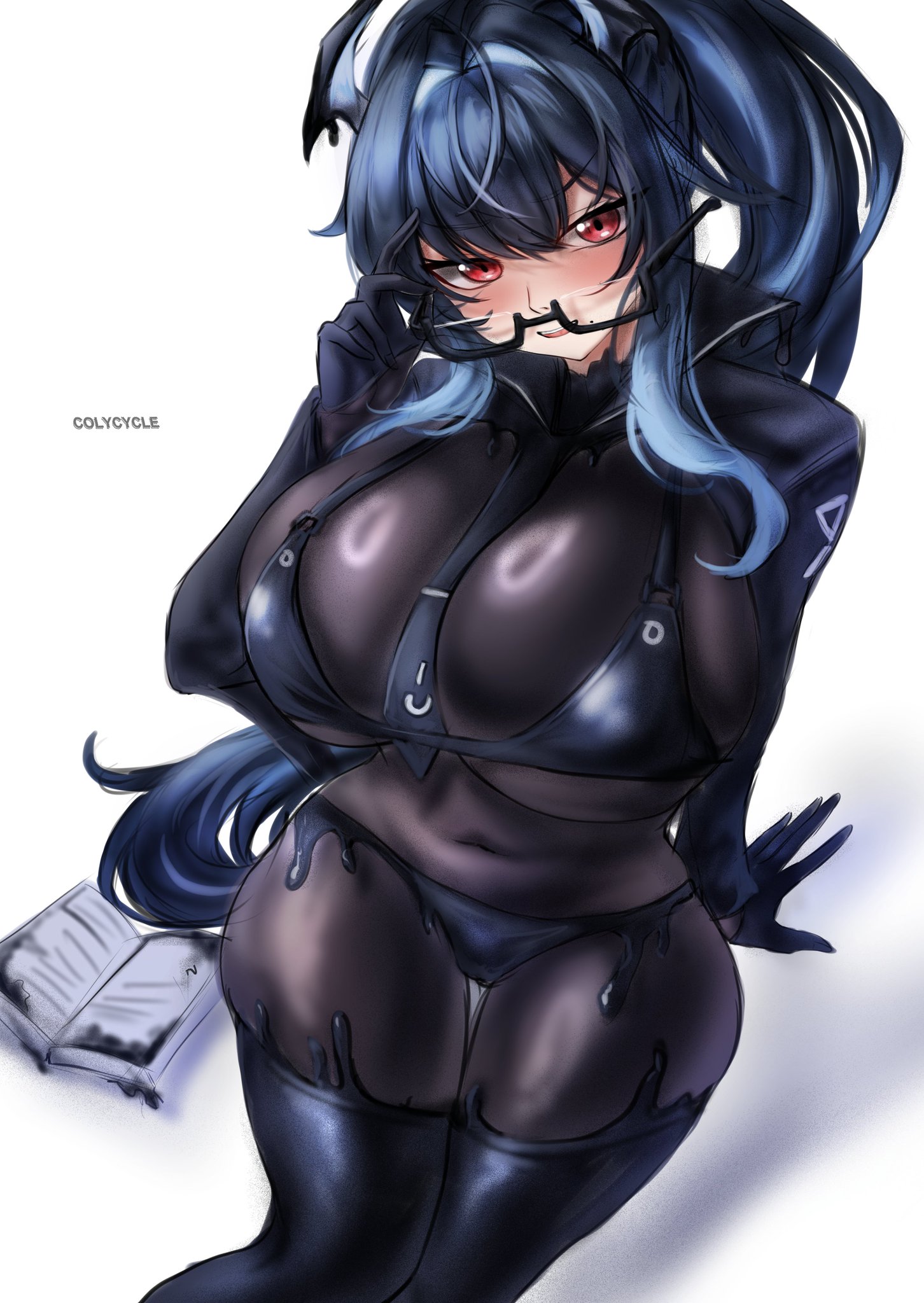 1female, 1girls, 2025, adjusting eyewear, bahamut (nikke), big breasts, big thighs, bikini, bikini over clothes, bikini top, bodysuit, breasts, clothed, clothing, color, colored, colycycle, female, female only, glasses, goddess of victory: nikke, horns, huge breasts, long hair, panties, ponytail, red eyes, shift up, sitting, smile, smiling, solo, solo female, solo focus, thick thighs, thighhighs, thighs, thong, thong bikini, tie