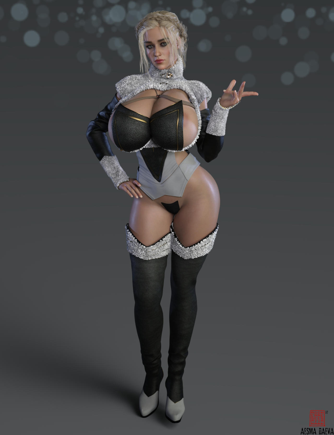1girls, 3d, 3d (artwork), 3d model, 3d render, a song of ice and fire, aesmadaeva37, artist logo, artist name, barely, barely contained, barely contained breasts, bimbo, bimbo body, blonde hair, blue eyes, braid, braided hair, breasts, daenerys targaryen, emilia clarke, female, female only, game of thrones, hand on hip, heel boots, heels, makeup, nipple slip, pinup, pussy, pussy pasty, simple background, solo, solo female, thick, thick thighs, thigh highs, thighhighs, thighs, valyrian, wide hips