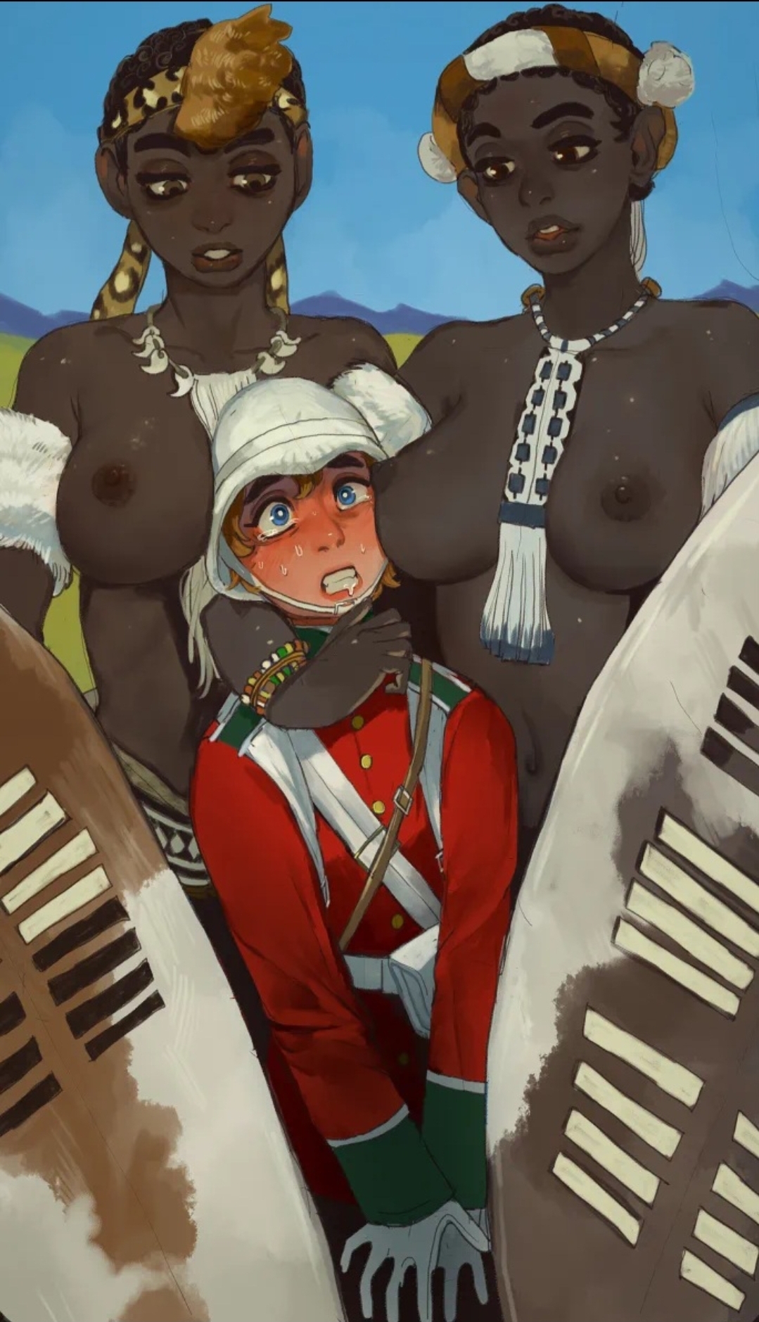 1boy, 2d, 2girls, africa, african female, areolae, big breasts, black skin, blonde hair, blue eyes, breast press, breasts, breasts out, british, colonialism, crying, crying with eyes open, dark skin, dark-skinned female, dark-skinned top, female, femblacked, femdom, history, imminent sex, interracial, king of spades, large breasts, light skin, light-skinned bottom, light-skinned male, looking down, looking up, male, malesub, medium breasts, mossa, mossacannibalis, nipples, no escape, questionable consent, real life, redcoat, short hair, short male, tall female, taller female, topless, tribal, tribal clothing
