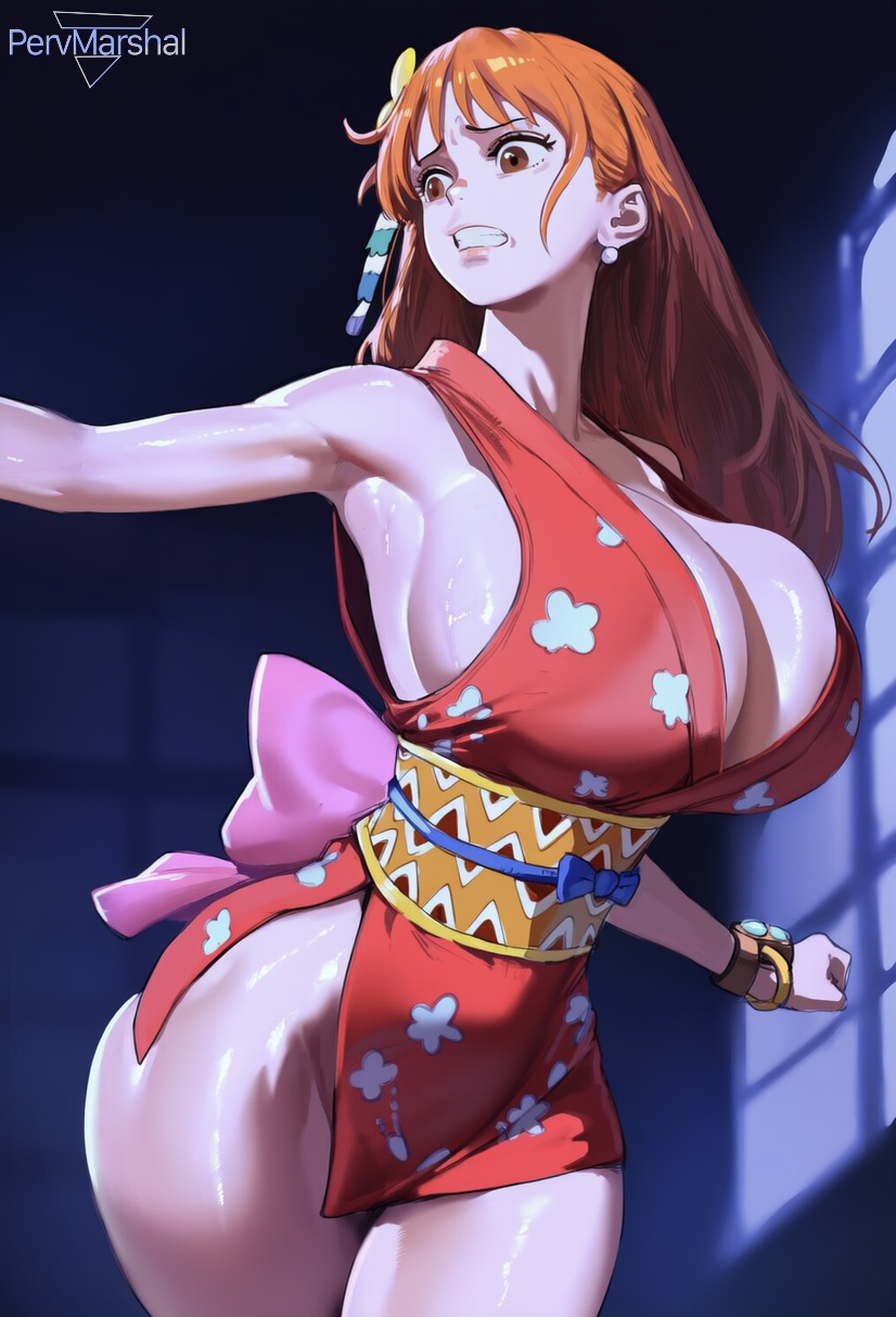 1girls, ai generated, breasts, female, female only, huge breasts, kimono, marshalperv, nami (one piece), night, one piece, orange hair, orange-haired female, pervmarshal, scared, shiny skin, solo female, thick thighs