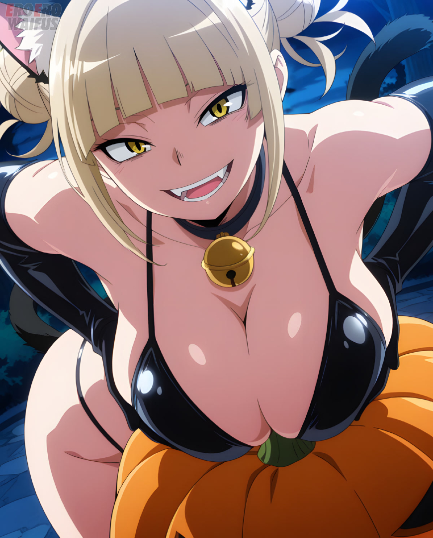 ai generated, bare thighs, bikini, blonde hair, blonde-haired female, boku no hero academia, breasts, cat ears, cat tail, eroero waifus, female, gigantic breasts, halloween, himiko toga, huge breasts, huge thighs, light skin, light-skinned female, looking at viewer, massive breasts, my hero academia, smiling, solo female, squatting, sweat, sweatdrop, thick body, thick female, thick thighs, thighs, twin buns, voluptuous, voluptuous female, yellow eyes