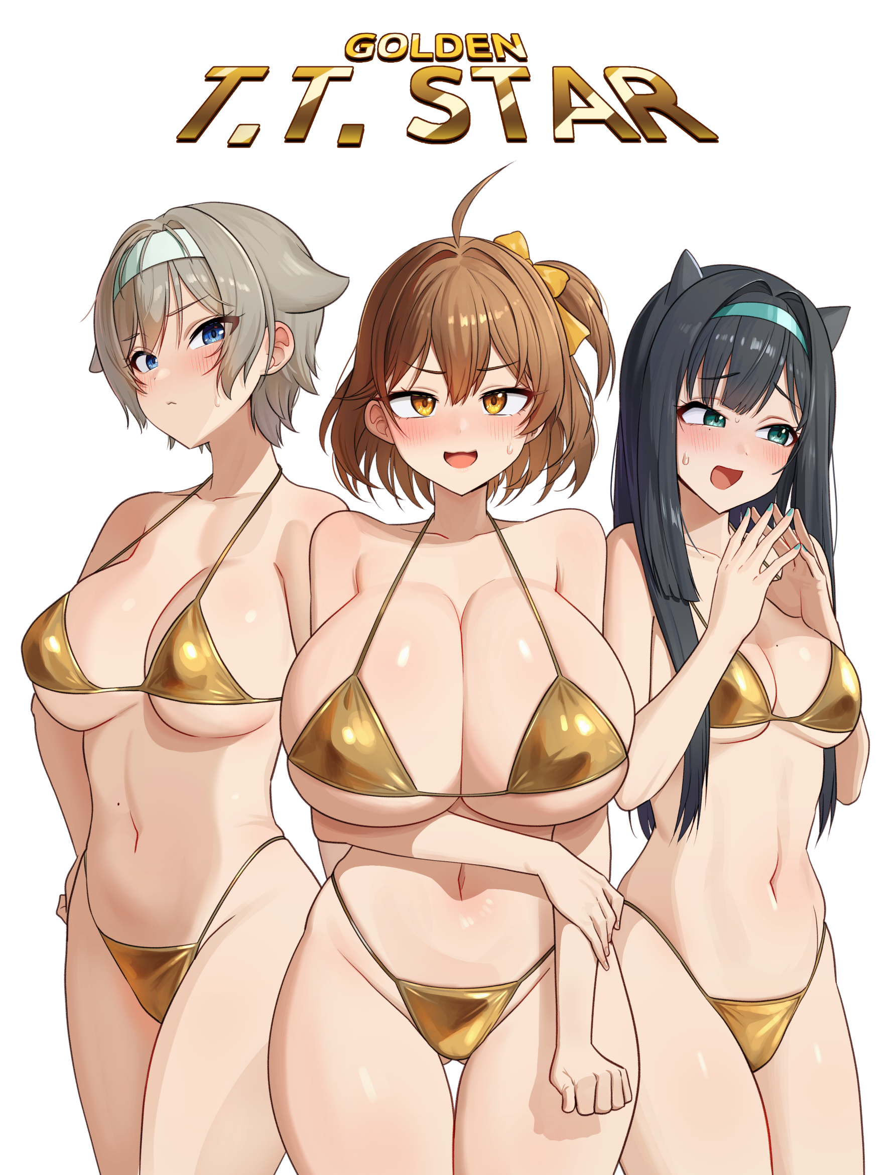3girls, ahoge, ajidot, animal ears, anis (nikke), anis (star) (nikke), arm under breasts, ass, ass visible through thighs, bikini, blonde hair, blue eyes, blush, breasts, brown hair, cat ears, cleavage, collarbone, cowboy shot, curvy, goddess of victory: nikke, gold bikini, green eyes, green hairband, green nails, groin, hairband, hand on own arm, hand on own hip, highleg bikini, huge breasts, large breasts, long hair, looking at viewer, looking to the side, mint (nikke), mole, mole on breast, mole on collarbone, mole on stomach, mole under eye, multiple girls, multiple moles, nail polish, navel, nervous, open mouth, own hands together, ponytail, prika (nikke), short hair, short ponytail, side ponytail, simple background, skindentation, smile, standing, stomach, string bikini, sweat, sweatdrop, swimsuit, t.t. star (nikke), thigh gap, thighs, white background, wide hips, yellow eyes