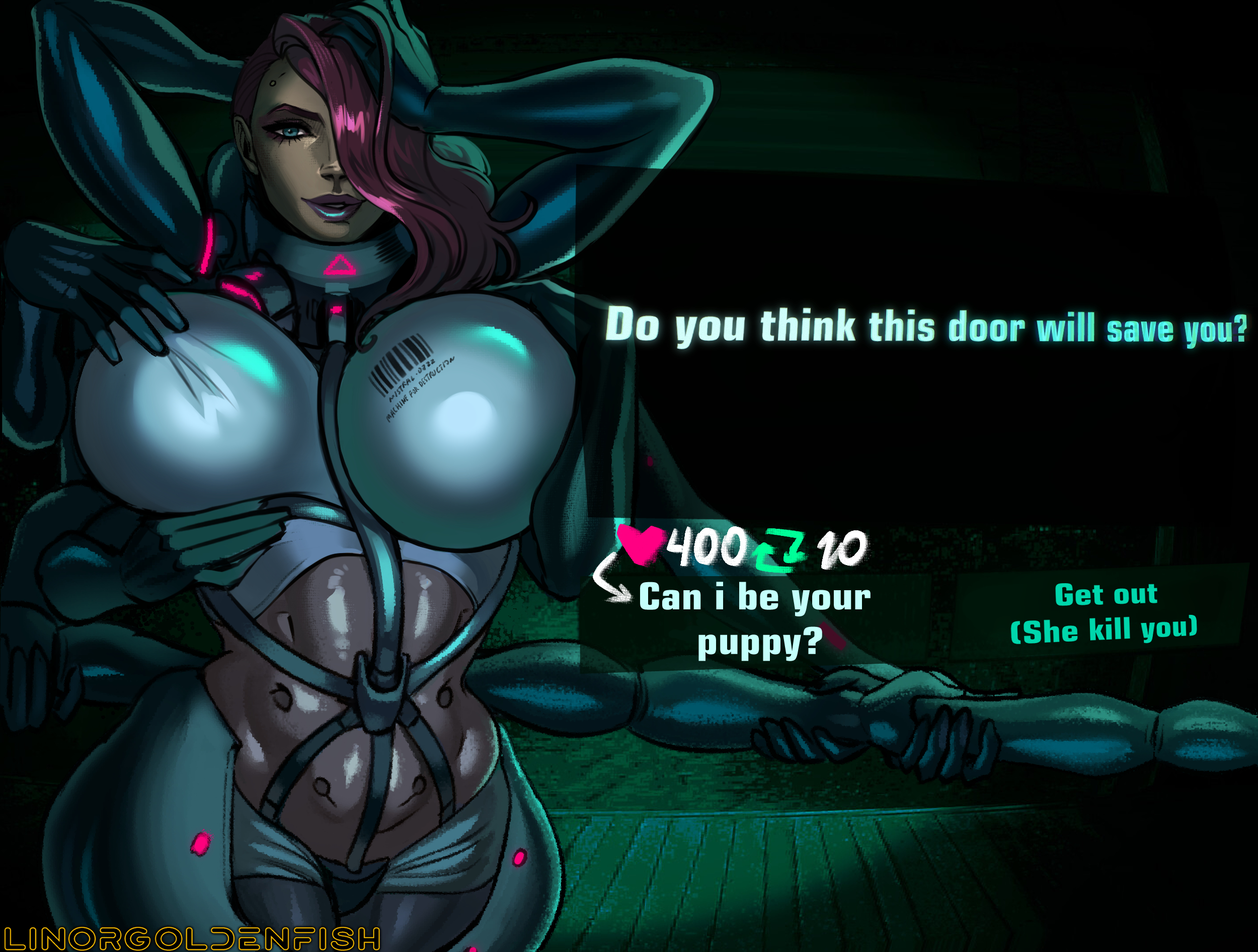 1girls, artist name, blue eyes, breasts, cyborg, english text, female, hair over one eye, hands behind head, highres, large breasts, linorgoldenfish, long hair, metal gear, metal gear rising, metal gear rising: revengeance, mistral (metal gear rising), multi arm, multi limb, muscular, muscular female, night, no, i'm not a human, no, i'm not a human (meme), purple hair, reward available, smile, solo, standing, text box, thick thighs, thighs, toned female