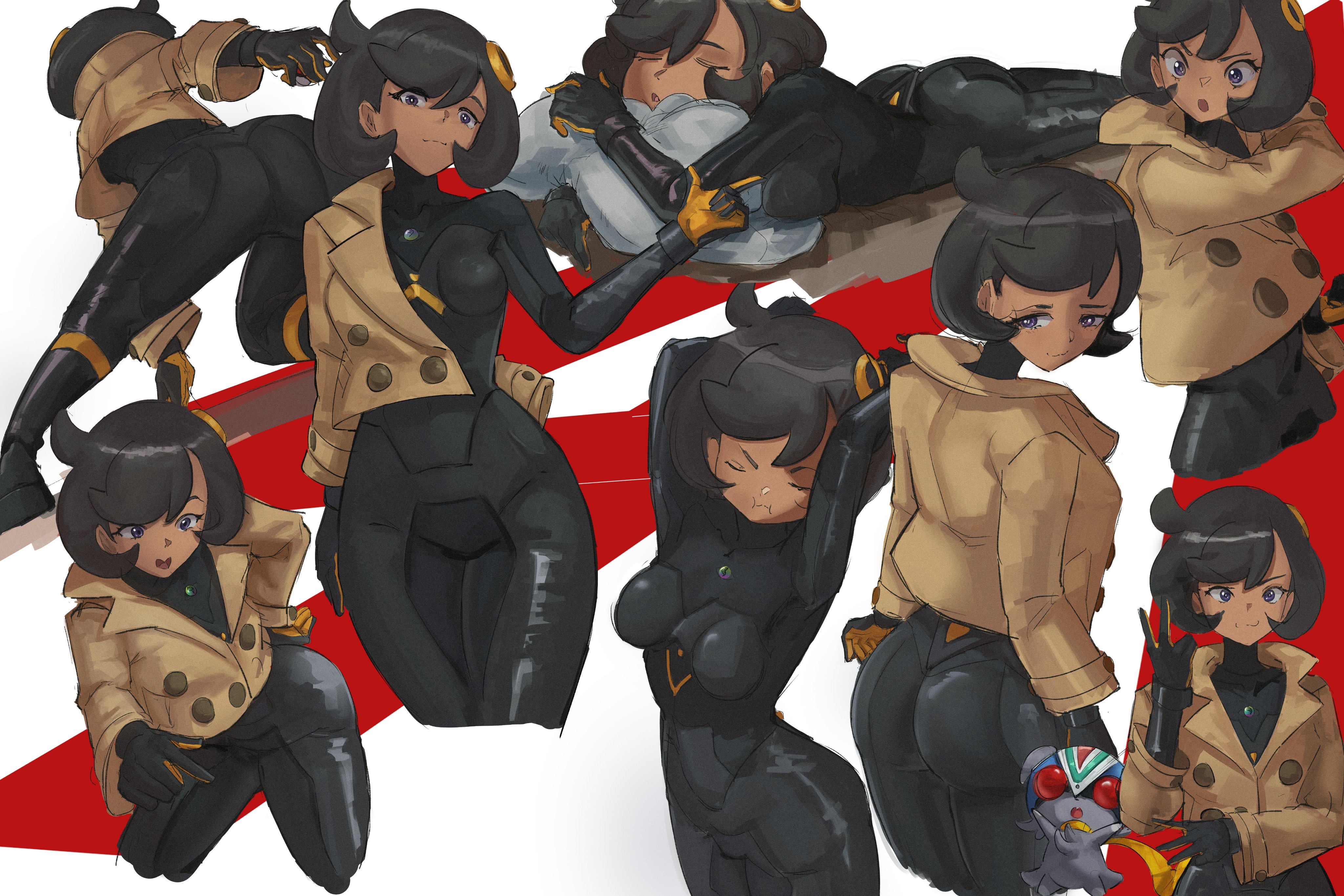 1girls, ass, blackleo2090, bodysuit, bubble butt, coat, dark skin, dark-skinned female, emma (pokemon), female, female focus, female only, jacket, large ass, looking at viewer, looking back, matiere (pokemon legends: z-a), matiere (pokemon), nintendo, pokemon, pokemon legends: z-a, solo, tan skin, tan-skinned female, thick thighs, thighs, tight clothing, tomboyish, wide hips
