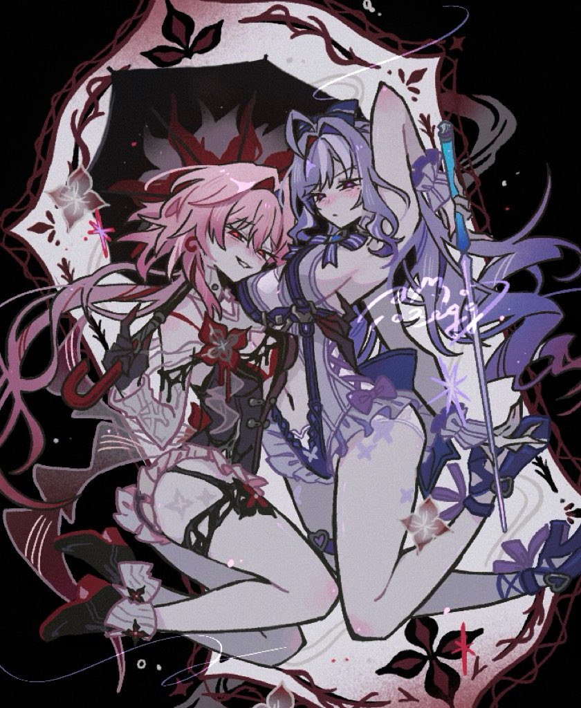 2girls, black swimsuit, breasts, evernight (honkai: star rail), exposed breasts, female, honkai: star rail, hoyoverse, legs, long hair, march 7th (honkai: star rail), mihoyo, multiple females, multiple girls, official alternate costume, pink hair, purple hair, red eyes, swimsuit, umbrella, vivian banshee, vivian banshee (iris of the shore), white swimsuit, zenless zone zero