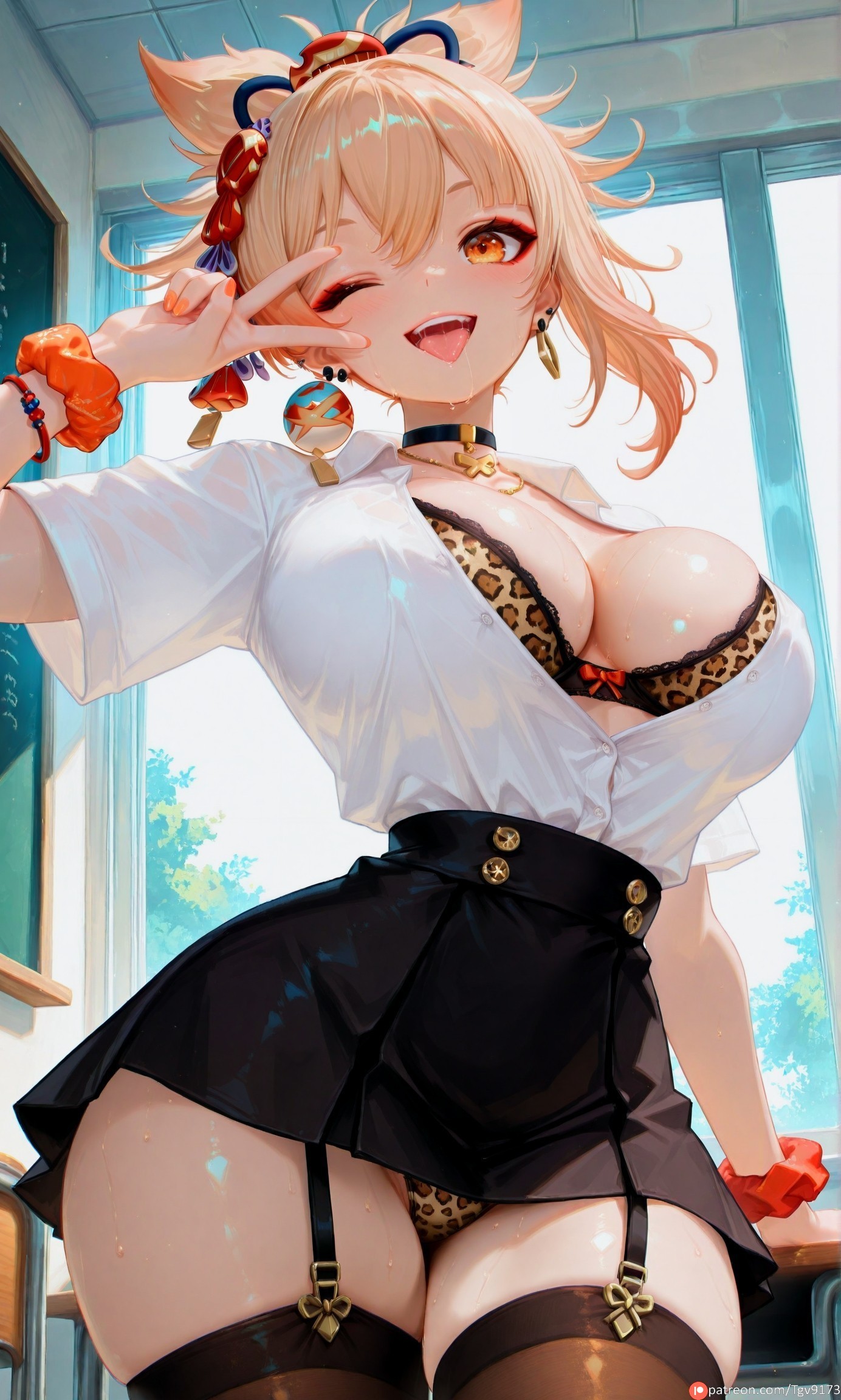 ;d, ai generated, alternate costume, animal print, bangs, bimbo, bimbofication, black bra, black choker, black skirt, black thighhighs, blonde hair, blush, bra, bracelet, breasts, brown thighhighs, choker, classroom, cleavage, collared shirt, cowboy shot, desk, earrings, female, garter straps, genshin impact, gyaru, hair ornament, hand up, high-waist skirt, indoors, jewelry, large breasts, leopard print, looking at viewer, makeup, miniskirt, nail polish, one eye closed, open clothes, open mouth, open shirt, orange eyes, orange nails, panties, partially unbuttoned, ponytail, red nails, school desk, school uniform, scrunchie, shirt, shirt tucked in, short sleeves, skindentation, skirt, smile, solo, standing, sweat, teeth, tgv9173, thick thighs, thighhighs, thighs, tongue, tongue out, unbuttoned, underwear, upper teeth, v, v over eye, white shirt, window, wrist scrunchie, yoimiya (genshin impact)
