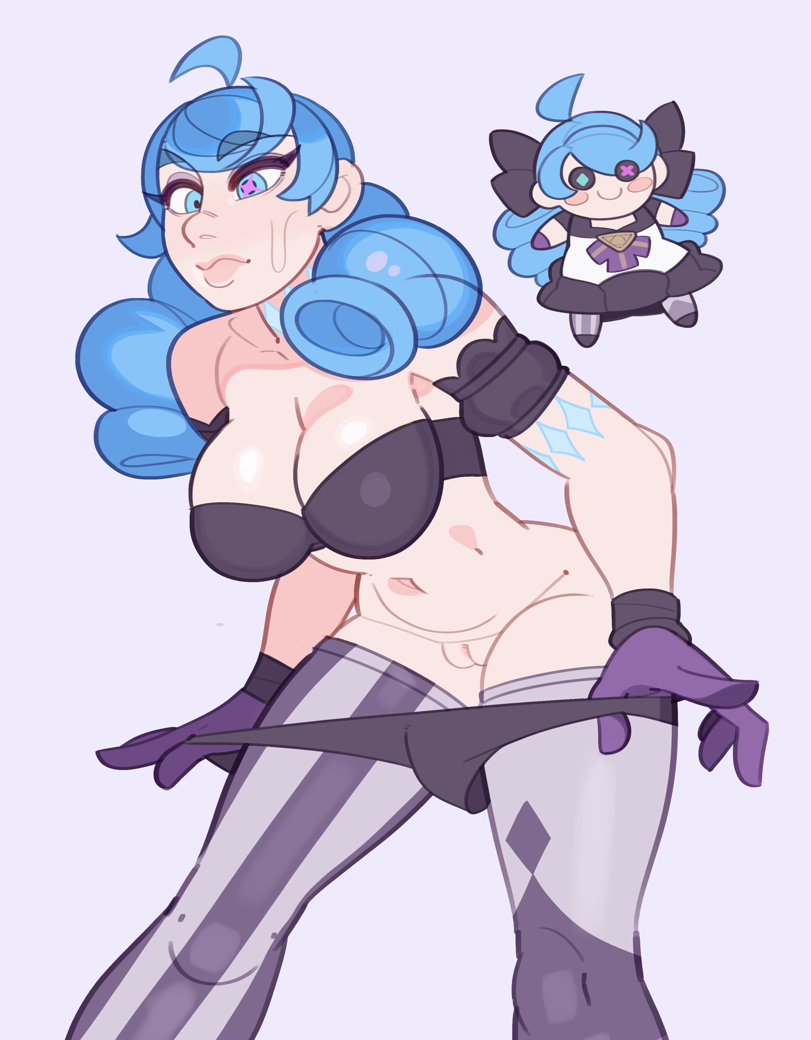 big breasts, big thighs, blue eyes, blue hair, breasts, female, female only, gwen (league of legends), huge thighs, league of legends, legs, light skin, light-skinned female, naked, nude, pussy, splashbrush, thick thighs, thighhighs, thighs