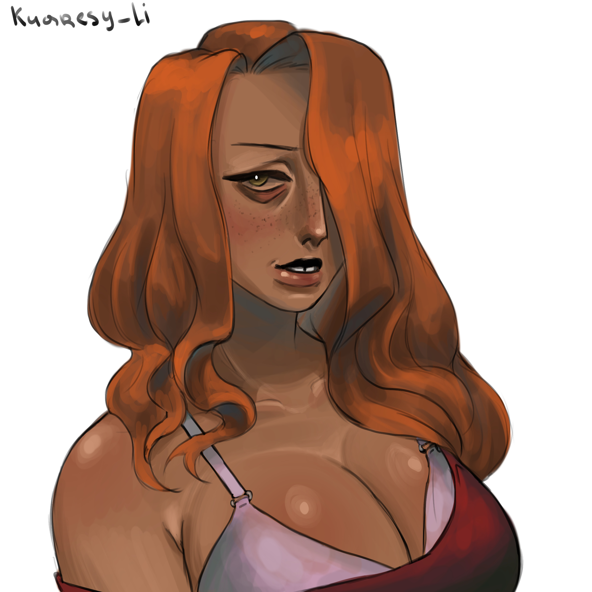 big breasts, bra, bra cups sticking out, breasts, cleavage, female, female only, freckles, green eyes, hair over one eye, li kuaresy, looking at viewer, no, i'm not a human, orange hair, pink bra, seductive woman (no, i'm not a human), smile, solo, tank top, tooth gap, upper body, wavy hair