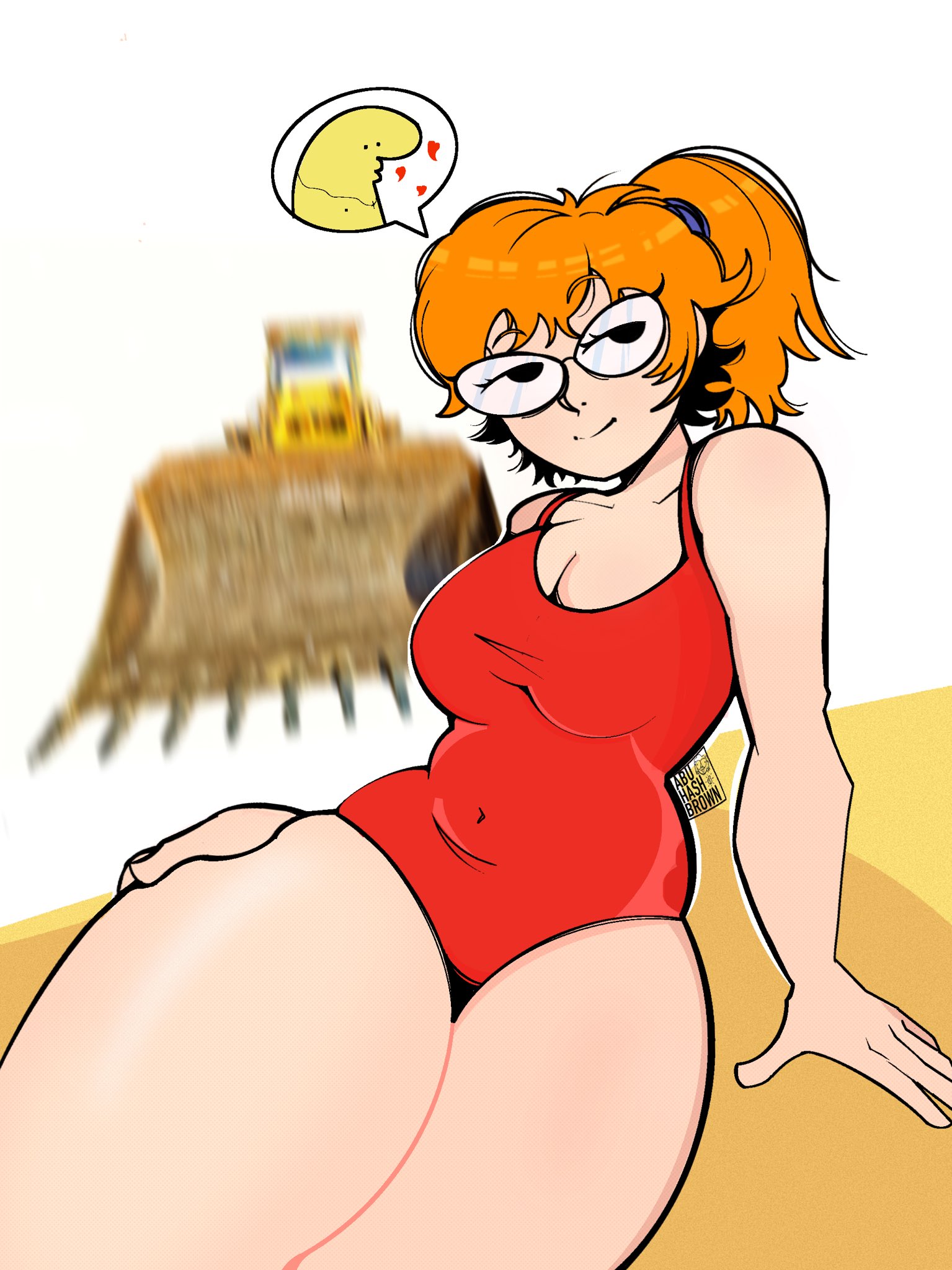 1girls, abuhashbrown, ass, beach, big ass, big breasts, big thighs, breasts, charlie (smiling friends), female, gigantic ass, gigantic thighs, glasses, huge ass, huge thighs, hyper, hyper ass, hyper thighs, looking at viewer, one-piece swimsuit, orange hair, ponytail, smiling friends, swimsuit, thick thighs, thighs, wide hips, zoey (smiling friends)