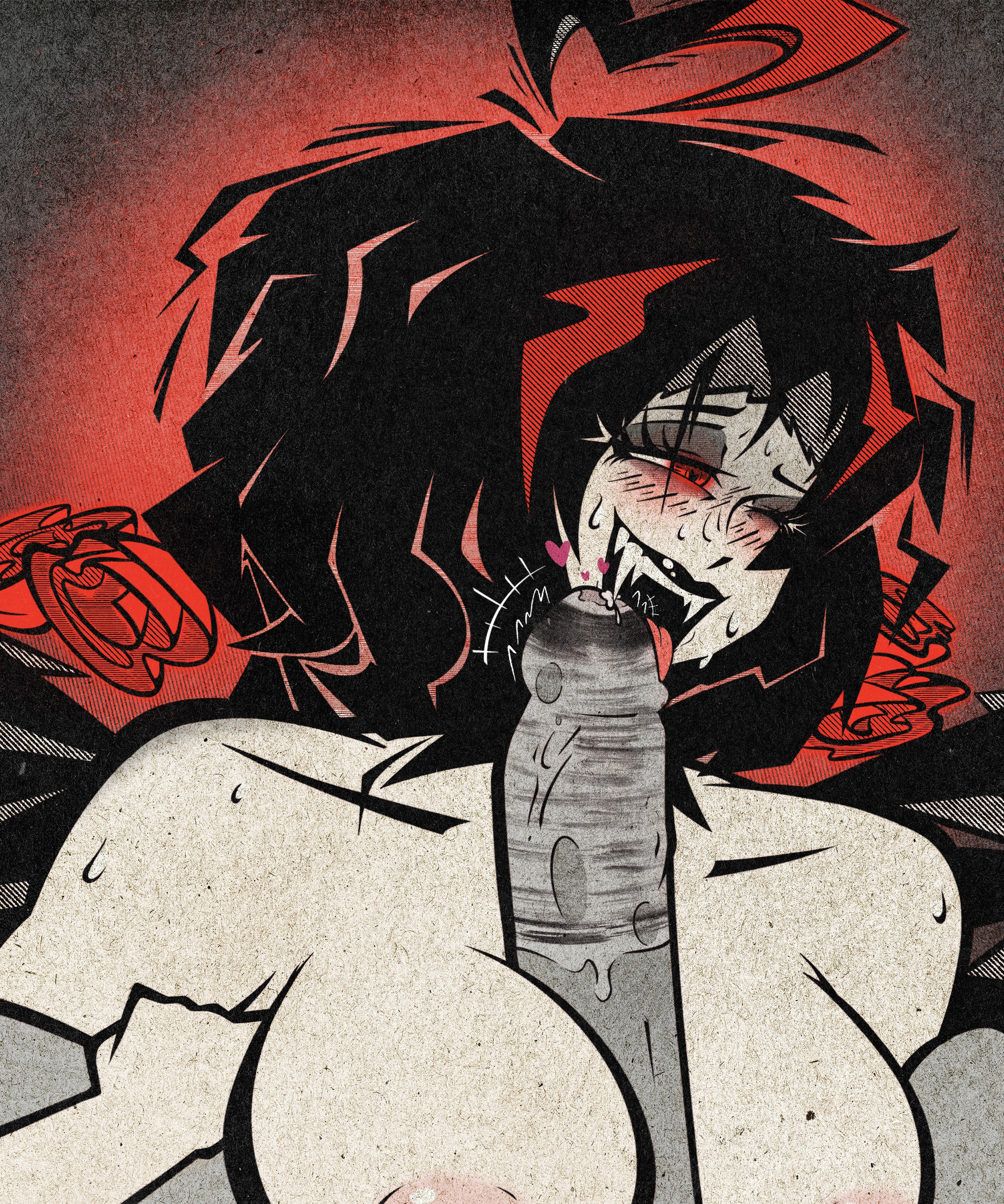 fellatio, female, grey body, grey penis, licking penis, limbus company, lipstick, lipstick mark, lipstick on penis, makeup, male, male/female, nicolina (limbus company), penis, penordestoroyer, precum, project moon, sex, tagme, urethral fingering, vampire