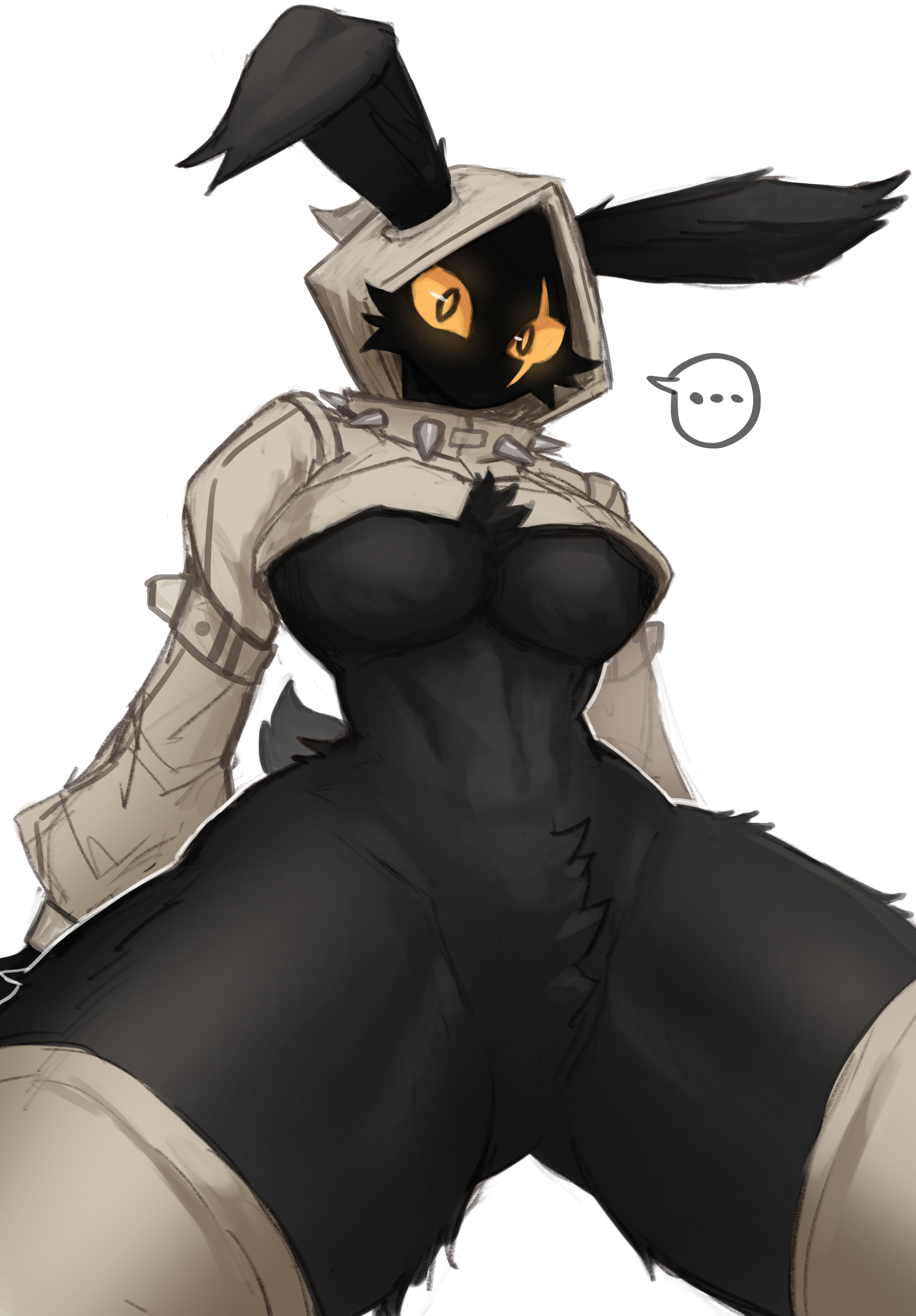1girls, anthro, black body, black fur, breasts, bunny, bunny ears, bunny girl, cropped jacket, female, female focus, female only, fur, furry, furry female, furry only, hood up, hoodie, kil vi, looking at viewer, original character, scar across eye, sookmo, spiked collar, thick thighs, tuft, yellow sclera