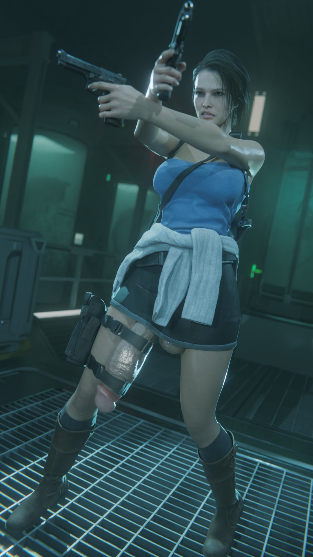 1futa, 3d, brown hair, capcom, casual, clothing, firearm, futanari, gun, handgun, huge cock, human, intersex, jill valentine, legwear, milan3d, nonsexual, nonsexual nudity, pale skin, partially clothed, penis, penis out, penis strap, pistol, resident evil, solo, veiny penis, weapon