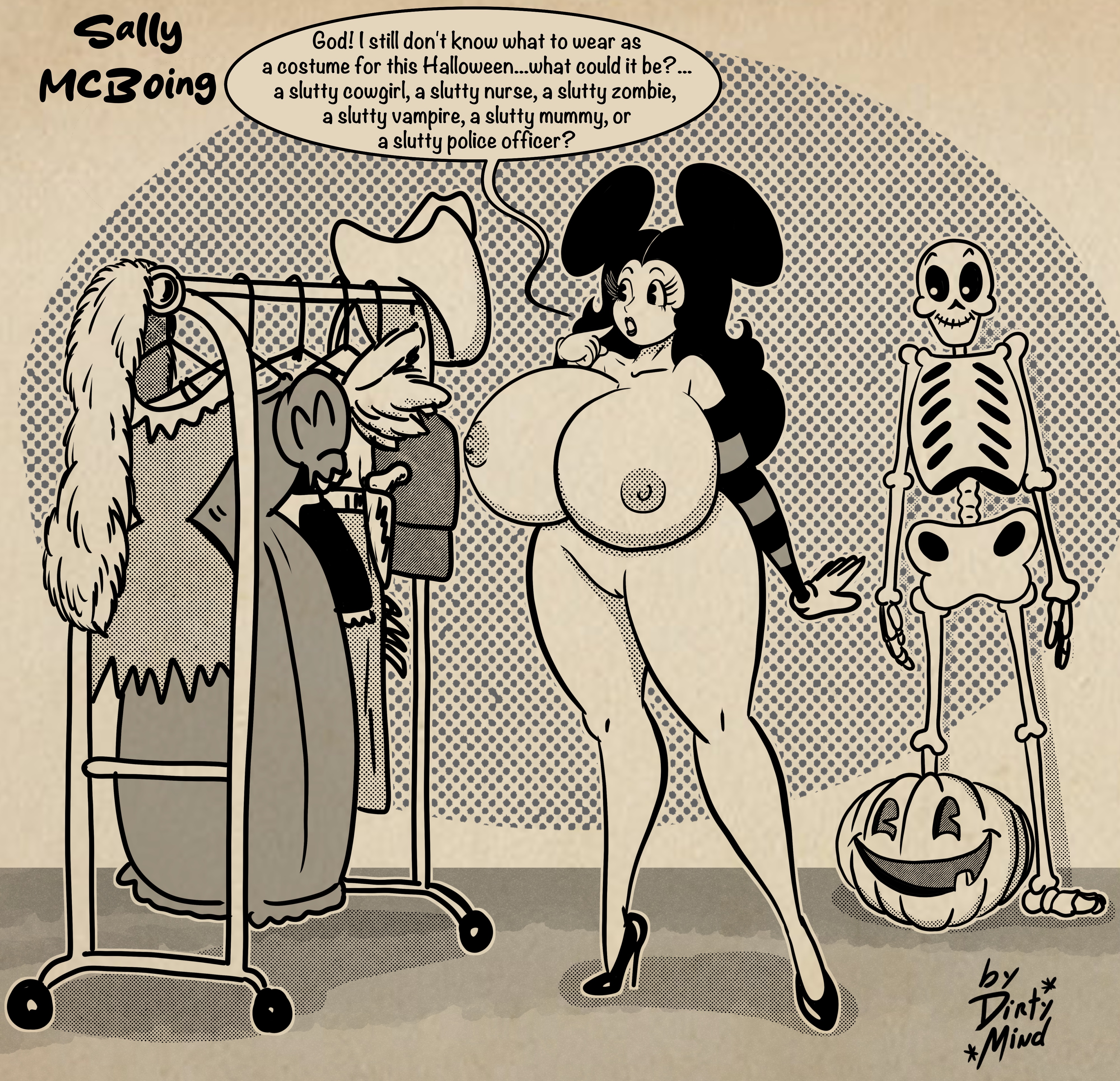 2025, 5 fingers, arm stockings, big breasts, black hair, breasts, dialogue, dirtymind, english text, female, glaring at another, gloves, halloween, halloween costume, high heels, huge breasts, jack-o'-lantern, looking at another, naked, naked female, nude, nude female, pussy, sally mcboing, skeleton, smile, smiling at another, speech bubble, toony, unsure, vagina