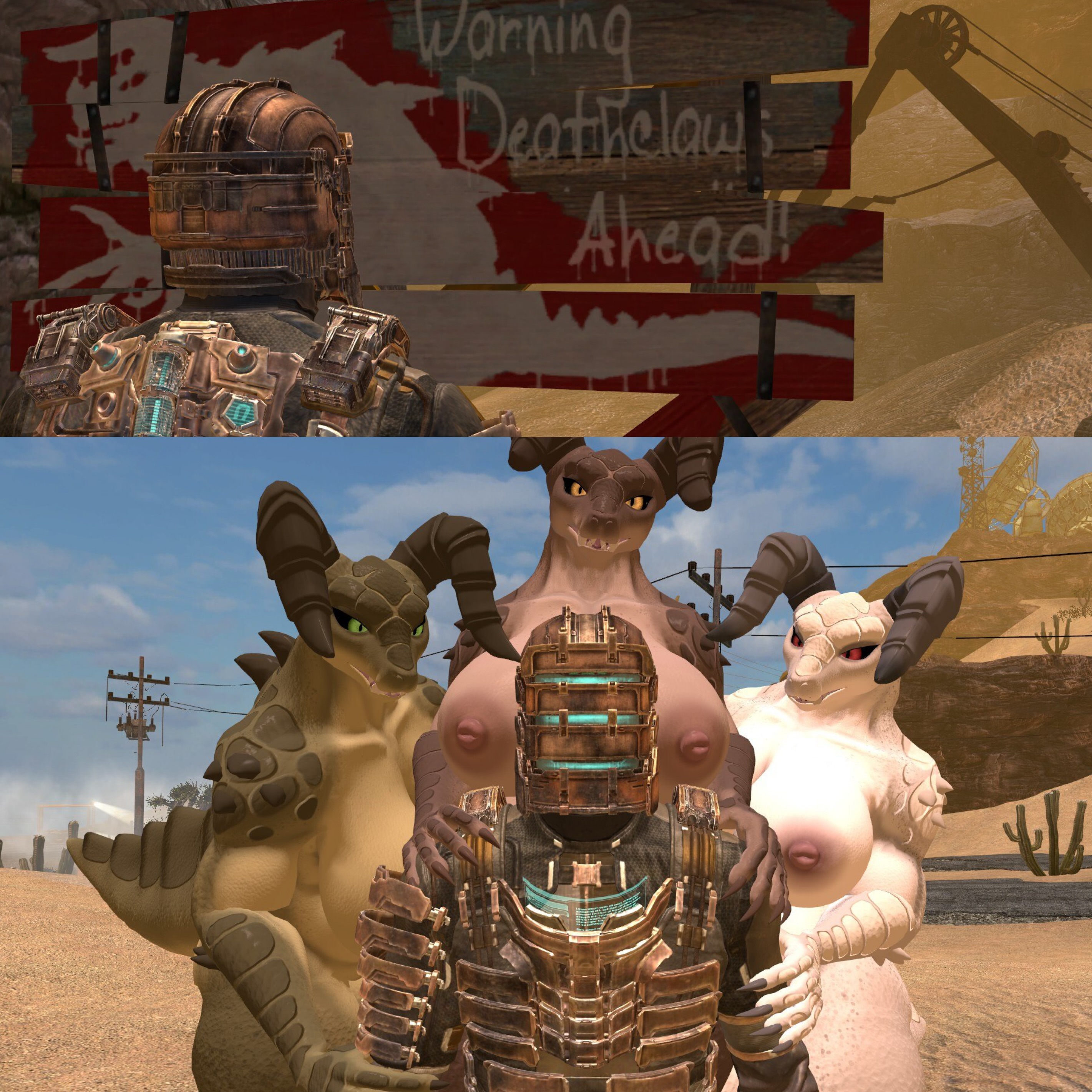 1boy, 3d, 3d model, 3d render, 3girls, anthro, anthro female, anthro on human, artist request, breasts, claws, crossover, dead space, deathclaw, fallout, fallout (series), fallout new vegas, female, female anthro, female deathclaw, garry's mod, hands on arms, hands on shoulders, horns, imminent rape, imminent sex, isaac clarke, large breasts, larger female, male, nipples, nude, nude female, reptile, reptile girl, reptile humanoid
