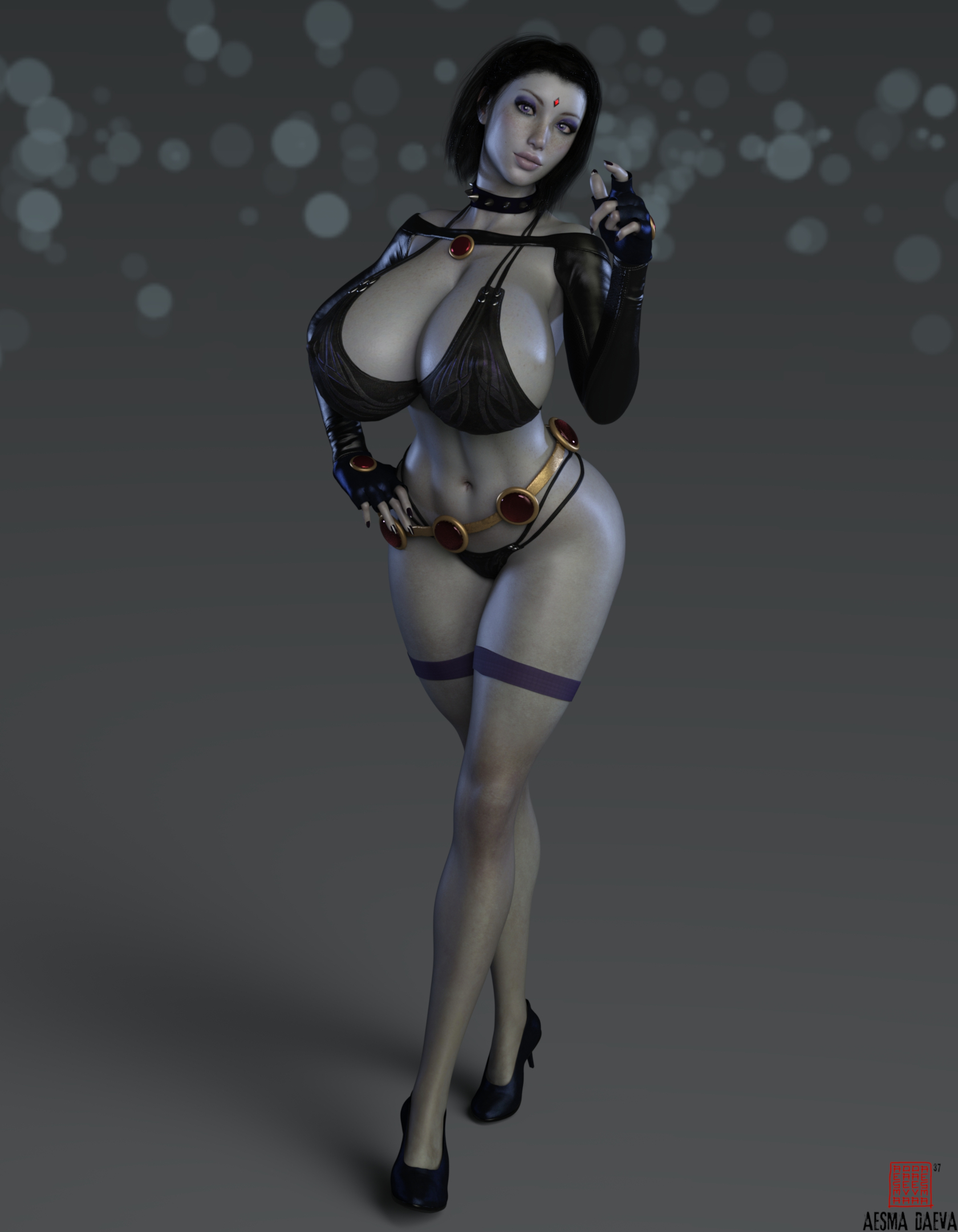 1girls, 3d, 3d (artwork), 3d model, 3d render, aesmadaeva37, artist logo, artist name, belt, bikini, bikini bottom, bikini top, bimbo, black hair, breasts, cleavage, collar, dc, dc comics, female, female only, fingerless gloves, gloves, goth, goth girl, hand on hip, heels, hips, hourglass figure, huge breasts, jewel, jewel on forehead, large breasts, legband, navel, pinup, purple eyes, purple eyeshadow, purple nails, raven (dc), simple background, solo, solo female, spiked collar, swimsuit, thick thighs, thighs, toned, toned female, wide hips