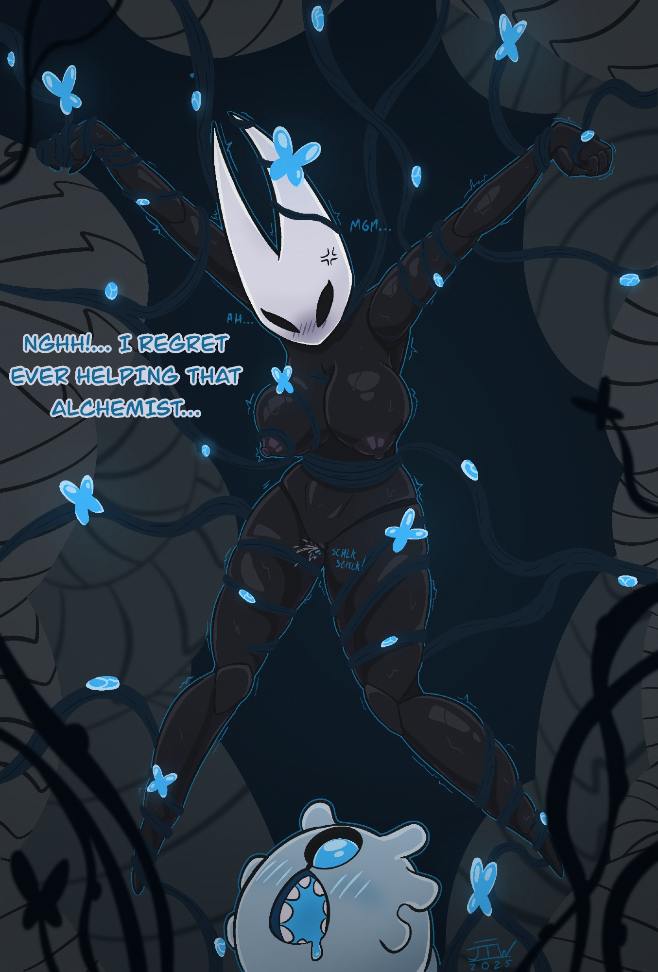 1girls, 2025, ambiguous gender, angry, big breasts, black body, blush, bodily fluids, bondage, breasts, butterfly, corruption, erect nipples, female, hi res, hollow knight, hornet (hollow knight), horns, jtw (artist), lifeblood, looking up, mask, masked female, monster, plant, plasmid (hollow knight), rape, restrained, restrained by tentacles, saliva, spider, tentacle, tentacle penetration, tentacle sex