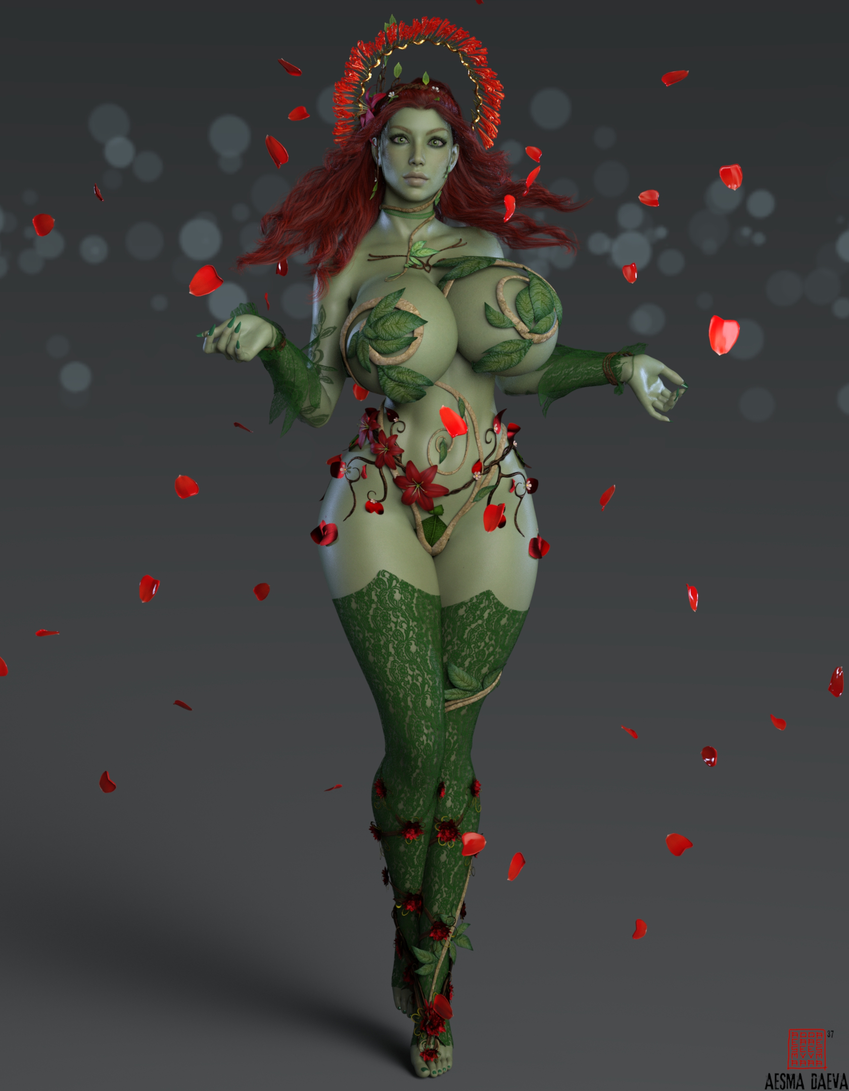 1girls, 3d, 3d (artwork), 3d model, 3d render, aesmadaeva37, artist logo, artist name, barely clothed, batman (series), bimbo, bimbo body, breasts, dc, dc comics, female, female only, flower, flower in hair, green body, green eyes, green nails, green skin, hips, hourglass figure, pamela isley, pinup, plant, plant clothing, plant girl, poison ivy, red hair, simple background, solo, solo female, thick, thick thighs, thighhighs, thighs, toes, vines, wide hips