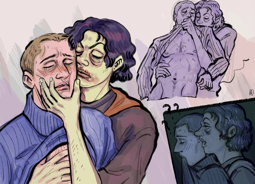 2boys, bags under eyes, blood on face, blood stain, blush, closed eyes, fil000mena, gay, implied sex, light brown hair, male, male only, no visible genitalia, no, i'm not a human, protagonist (no, i'm not a human), purple hair, shirt in mouth, sweater, sweater lift, turtleneck, turtleneck sweater, wireface (no, i'm not a human), yaoi