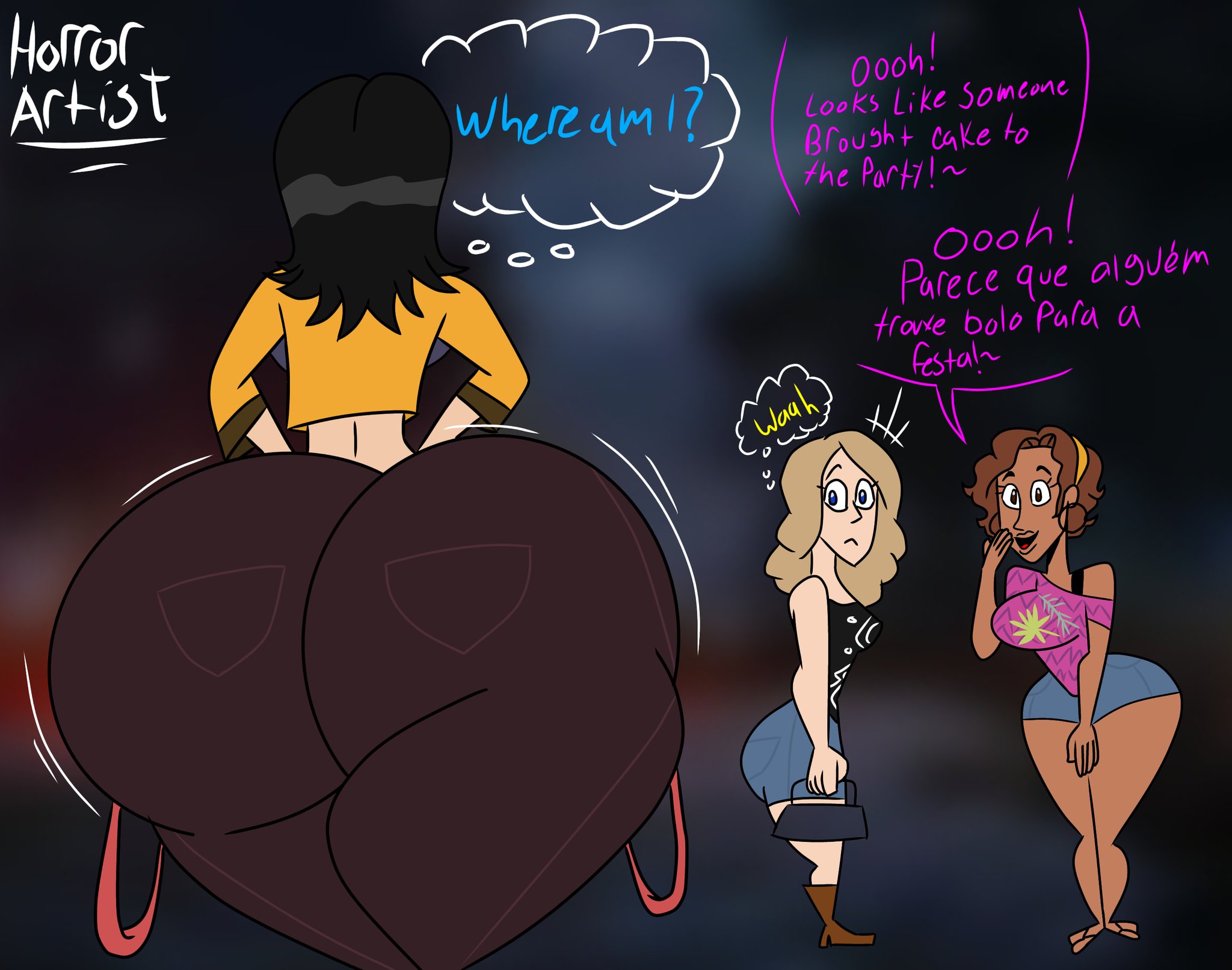 2d, 3girls, ass, ass awe, ass bigger than head, ass focus, big ass, big booty, big butt, big butt (female), black hair, blonde hair, booty, booty focus, brown body, brown hair, butt bigger than head, butt focus, curvaceous, curvaceous female, curvaceous figure, curves, curvy, curvy body, curvy female, curvy figure, dbd, dead by daylight, english text, female, horrornsfw, huge ass, kate denson, light skin, light-skinned female, massive ass, massive booty, massive butt, paag, phat ass, phat booty, phat butt, plump, plump ass, plump booty, plump butt, portuguese text, speech, text, thalita lyra, thought, thought bubble, thoughts, translated, vee boonyasak