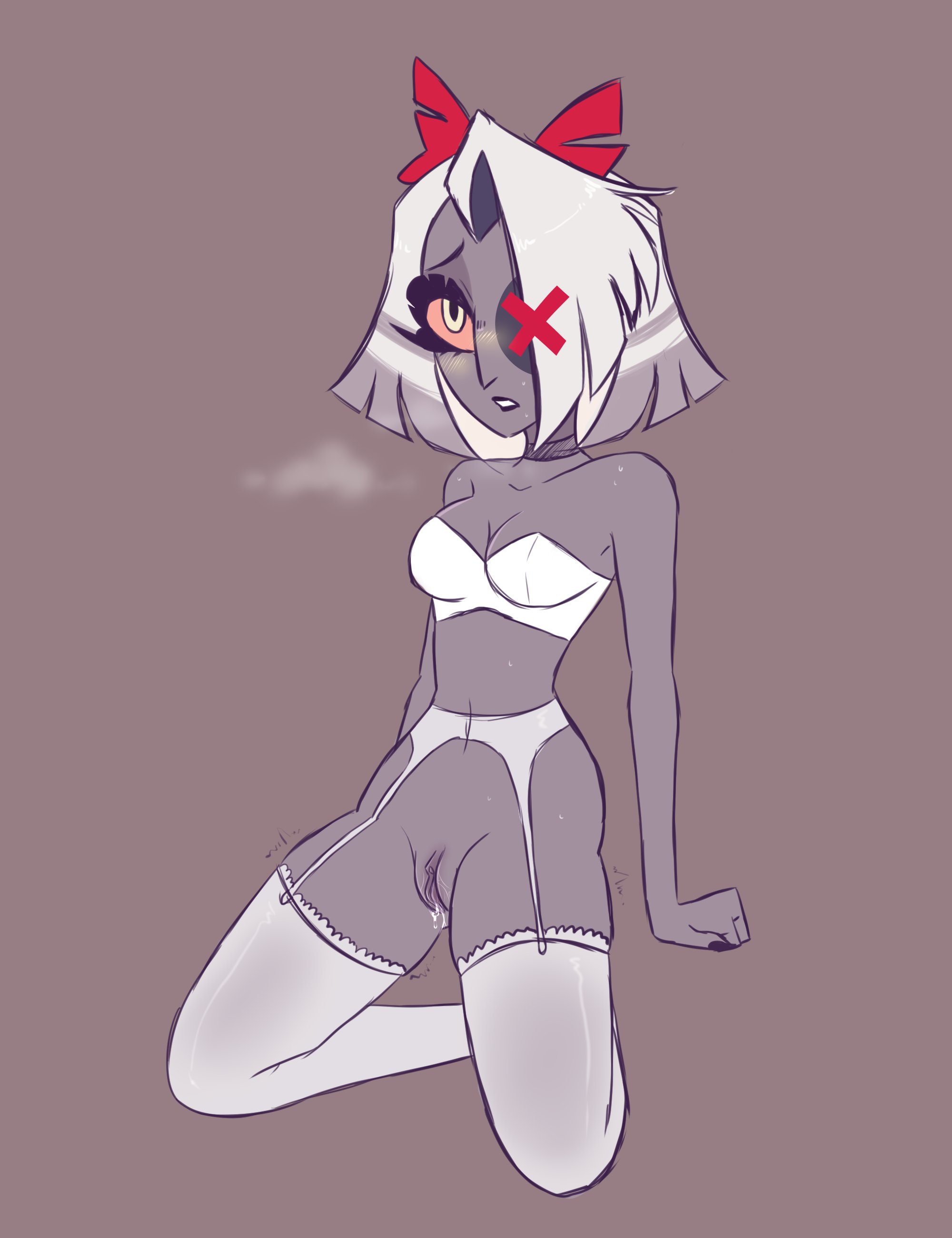 1 eye, angel, aslarimar, bra, breasts, female, female only, grey body, hair, hazbin hotel, open mouth, pussy, simple background, teeth, thick thighs, vaggie (hazbin hotel), white hair