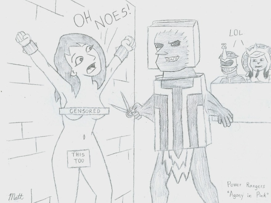 1girls censor_bar censored dialogue female goldar kimberly_hart lord_zedd mighty_morphin_power_rangers power_rangers scissors shackles text torture wall