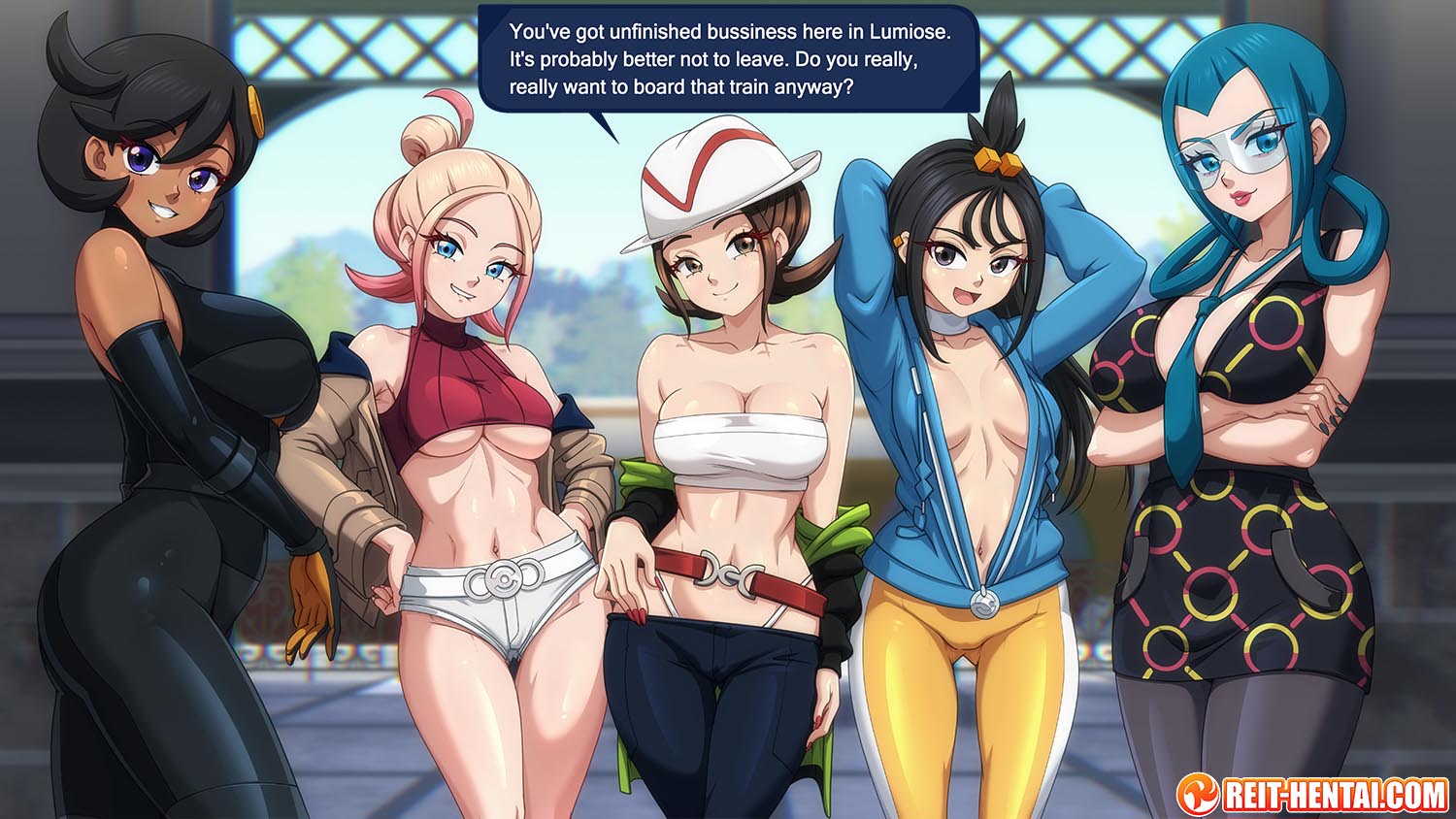 :d, 5girls, aged up, armpits, arms up, ass, bare shoulders, belt, black belt, black bodysuit, black dress, black gloves, black hair, black pants, black pantyhose, blonde hair, blue eyes, blue hair, blue hoodie, blue nails, blue necktie, blurry, blurry background, bodysuit, breasts, brown eyes, brown hair, brown jacket, choker, cleavage, closed mouth, cloud, cloudy sky, collarbone, commentary, cowboy shot, cowlick, crop top, cropped shirt, crossed arms, cube hair ornament, dark skin, dark-skinned female, day, dress, duplicate, duro (pokemon), earclip, emma (pokemon legends: z-a), emma (pokemon), english commentary, english text, female, game freak, glasses, gloves, gradient hair, green jacket, grey eyes, grin, groin, hair between eyes, hair bun, hair ornament, hair rings, hands on own hips, harmony (pokemon), hat, hood, hood down, hoodie, indoors, jacket, large breasts, latex, latex bodysuit, leggings, lida (pokemon), lipstick, long hair, long sleeves, looking at viewer, mable (pokemon legends: z-a), mable (pokemon), makeup, matiere (pokemon legends: z-a), matiere (pokemon), medium breasts, micro shorts, momiji (pokemon legends: z-a), momiji (pokemon), multicolored hair, multiple females, multiple girls, nail polish, navel, necktie, nintendo, no jacket, off shoulder, open clothes, open jacket, open mouth, orange gloves, orange leggings, paid reward available, pants, pantyhose, parted bangs, pink hair, pokemon, pokemon legends: z-a, red nails, red shirt, reit, ribbed shirt, safety glasses, seika (pokemon), shirt, short hair, shorts, sidelocks, sky, sleeveless, sleeveless bodysuit, sleeveless shirt, small clothes, smile, speech bubble, standing, stomach, strapless, striped hat, swept bangs, taunie (pokemon), teeth, text, thigh gap, tinted eyewear, topknot, townie (pokemon), train station, tube top, turtleneck, turtleneck shirt, two-tone gloves, two-tone legwear, typo, underboob, unzipped, visor, watermark, web address, white choker, white hat, white leggings, white shorts, white tube top, wispy bangs, zipper pull tab