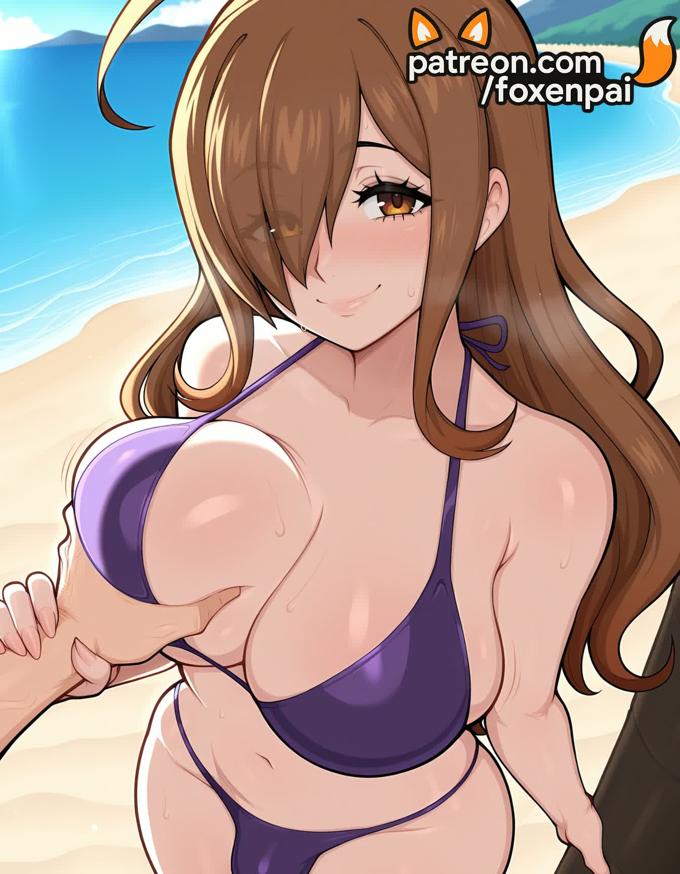 1futa, 2025, ahoge, ai generated, artist name, beach, big breasts, big chest, bikini, blush, breast grab, breasts, brown eyes, brown hair, bust, busty, chest, day, deep skin, foxenpai, futanari, grabbing, guided breast grab, hair over one eye, hi res, high quality, high resolution, highres, horizon, intersex, kono subarashii sekai ni shukufuku wo!, large breasts, long hair, looking at viewer, navel, ocean, outdoors, patreon, patreon username, purple bikini, sand, shore, smile, stable diffusion, sweat, swimsuit, water, watermark, wiz (konosuba)