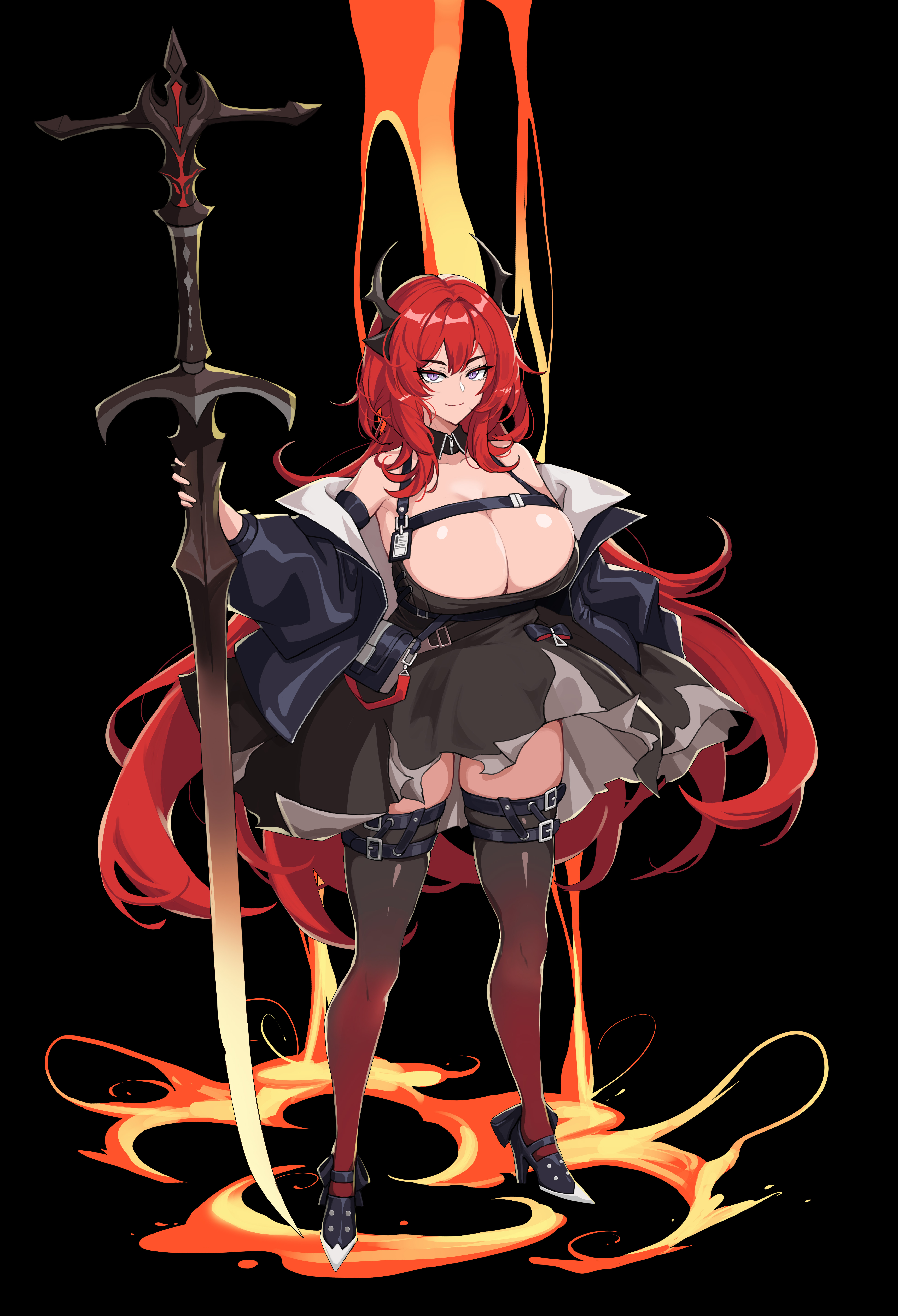 1girls, arknights, big breasts, blue eyes, breasts, busty, cleavage, dress, drogod (artist), female, female only, full body, fully clothed, high heels, holding weapon, horns, huge breasts, jacket, light skin, light-skinned female, looking at viewer, off shoulder, red hair, smile, surtr (arknights), sword, tagme, thighhighs, weapon