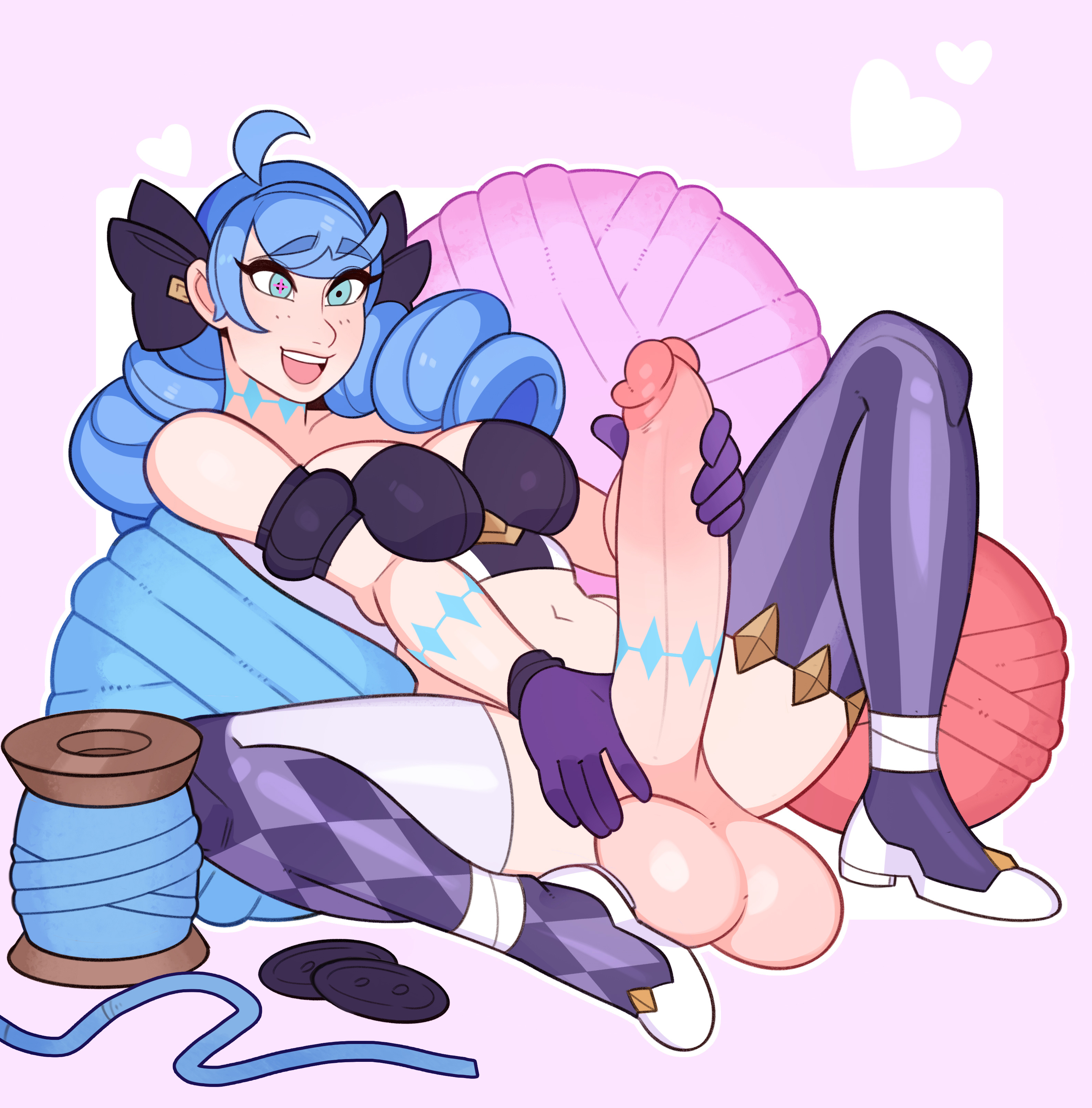 athletic, athletic futa, balls, big balls, big breasts, big cock, big penis, big thighs, blue eyes, blue hair, breasts, cock, futanari, gwen (league of legends), huge balls, huge cock, huge thighs, intersex, league of legends, legs, light skin, mary janes, massive balls, massive cock, massive penis, naked, nude, penis, shoes, splashbrush, tattoo, tattoo on penis, thick thighs, thighs