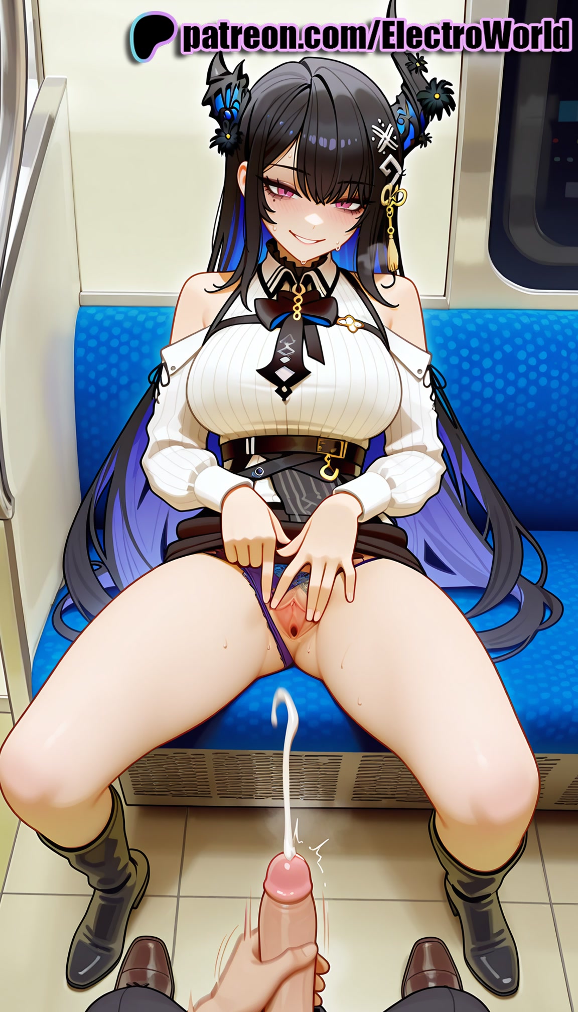 1boy, 1girls, 2025, ai generated, artist name, bare shoulders, black footwear, blush, boots, breasts, bust, chest, clitoral hood, clitoris, cock, cum, dick, electroworld, exposed pussy, eyebrows visible through hair, female, hi res, high quality, high resolution, highres, hololive, hololive english, hololive english -advent-, juicy pussy, legs apart, legs spread, long hair, male, nerissa ravencroft, open legs, panties, panties aside, patreon, patreon username, penis, pussy, skirt, smile, solo focus, splayed legs, spread legs, stable diffusion, straight, tight pussy, uncensored, underwear, vagina, very long hair, virtual youtuber, vtuber, watermark