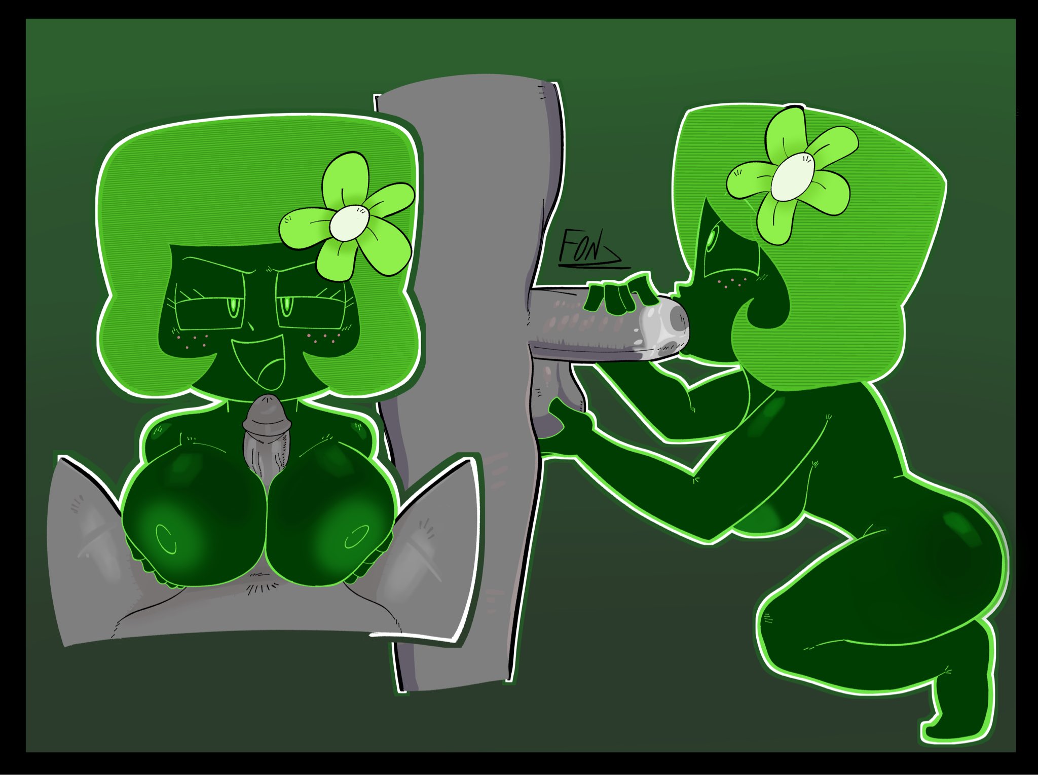 1boy, 1girls, 2025, anon, balls, big breasts, blowjob, brain dump, breasts, burnbot, digital media (artwork), duo, fellatio, female, fonz, freckled face, freckles, genitals, green background, green body, green eyes, green hair, green nipples, hair, hi res, humanoid, living machine, looking pleasured, male, penis, pov, robot humanoid, saliva, titjob