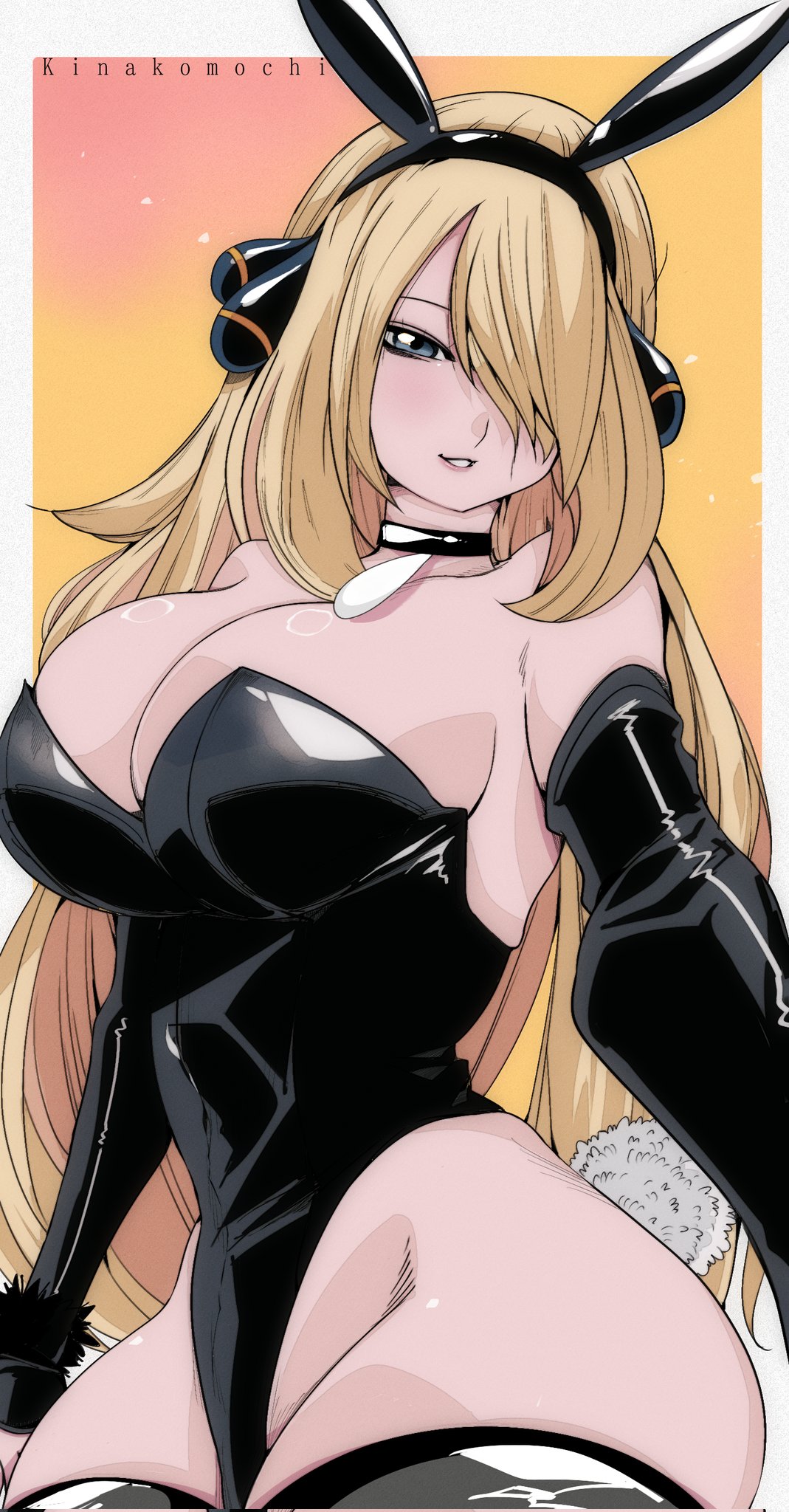 armwear, big breasts, blonde female, blonde hair, breasts, bunny ears, bunny tail, bunnysuit, curvaceous, cynthia (pokemon), female, high heels, hourglass figure, necklace, omochi db, pokemon, pokemon dppt, simple background, thick thighs, thighhighs, voluptuous, voluptuous female, wide hips
