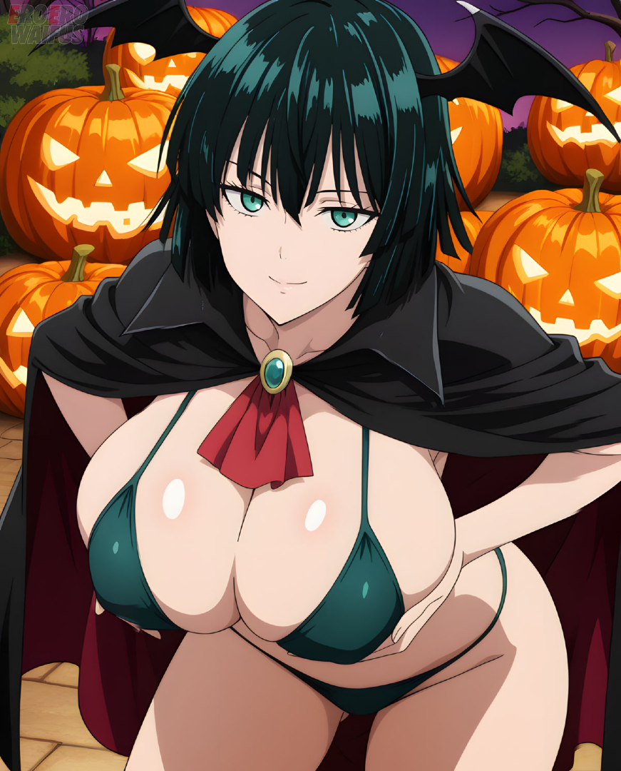 ai generated, bare thighs, bikini, breasts, eroero waifus, female, fubuki (one-punch man), gigantic breasts, green eyes, green hair, halloween, huge breasts, huge thighs, light skin, light-skinned female, looking at viewer, massive breasts, one-punch man, short hair, smiling, solo female, squatting, sweat, sweatdrop, thick body, thick female, thick thighs, thighs, vampire, vampire girl, voluptuous, voluptuous female