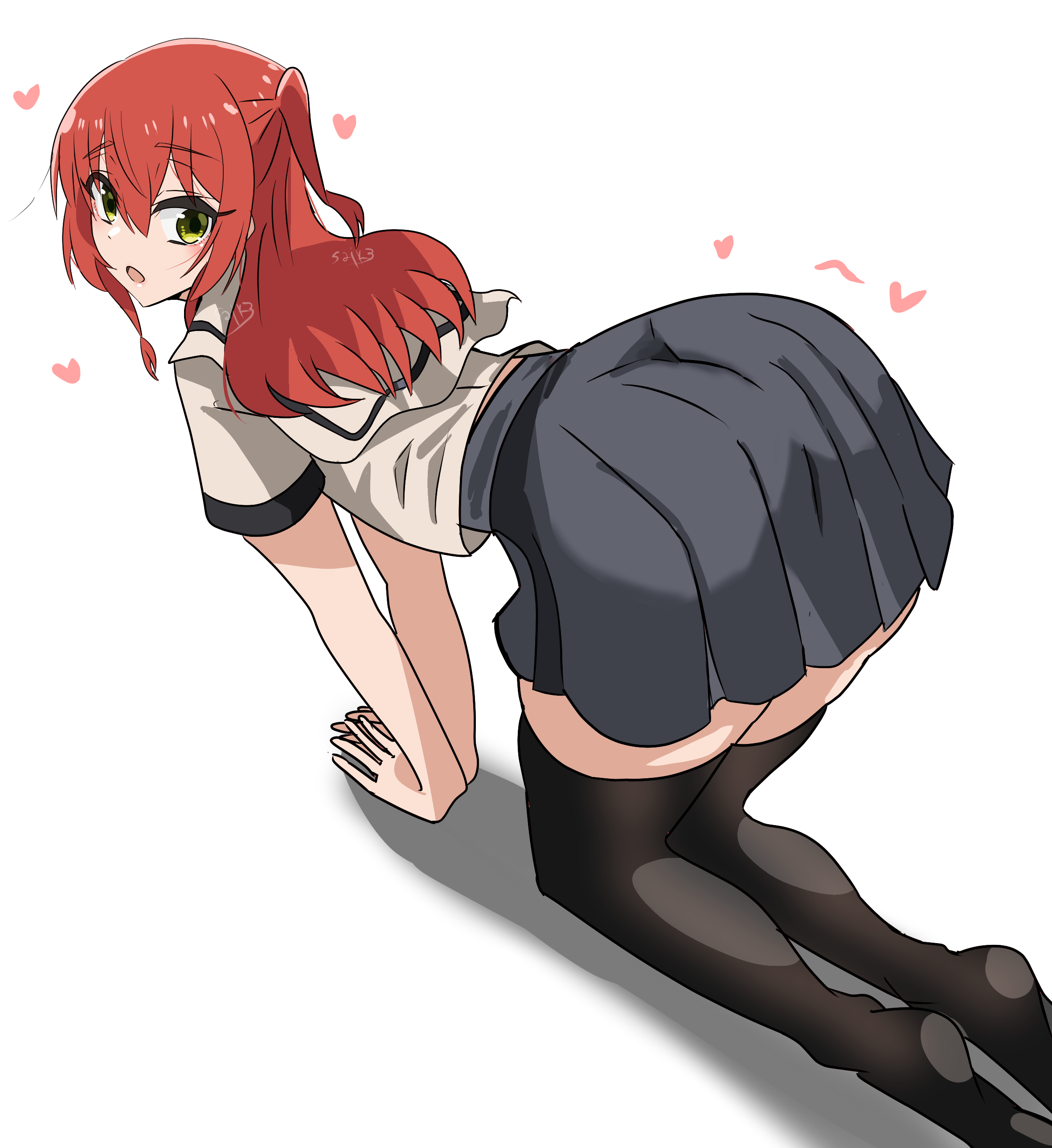 1girls, 2026, all fours, ass, ass up, big ass, bocchi the rock!, clothed, clothing, color, colored, digital media (artwork), female, female only, full body, fully clothed, hair, heart, hi res, huge ass, huge thighs, kita ikuyo, legs, legwear, light skin, light-skinned female, looking back, open mouth, red hair, simple background, skirt, solo, thick thighs, thighs, totsukasaika59, white background, yellow eyes