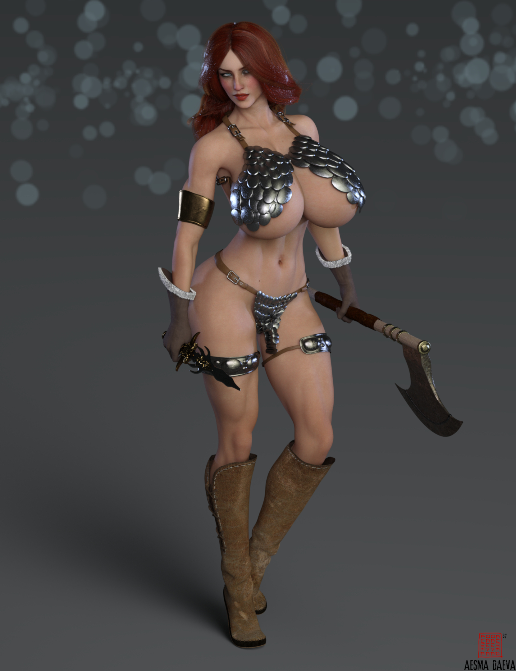 1girls, 3d, 3d (artwork), 3d model, 3d render, aesmadaeva37, armband, armor, armored female, artist logo, artist name, ass, axe, big breasts, bikini, bikini armor, bimbo, bimbo body, bimbo lips, blue eyes, boots, breasts, chain bikini, dagger, female, female only, gloves, hips, holding, holding object, holding weapon, huge breasts, large ass, large breasts, legband, marvel, marvel comics, massive breasts, muscular, muscular female, navel, pinup, red hair, red lipstick, red sonja, revealing clothes, simple background, skimpy clothes, solo, solo female, thick, thick ass, toned, toned body, toned female, toned stomach, underboob, weapon, wide hips