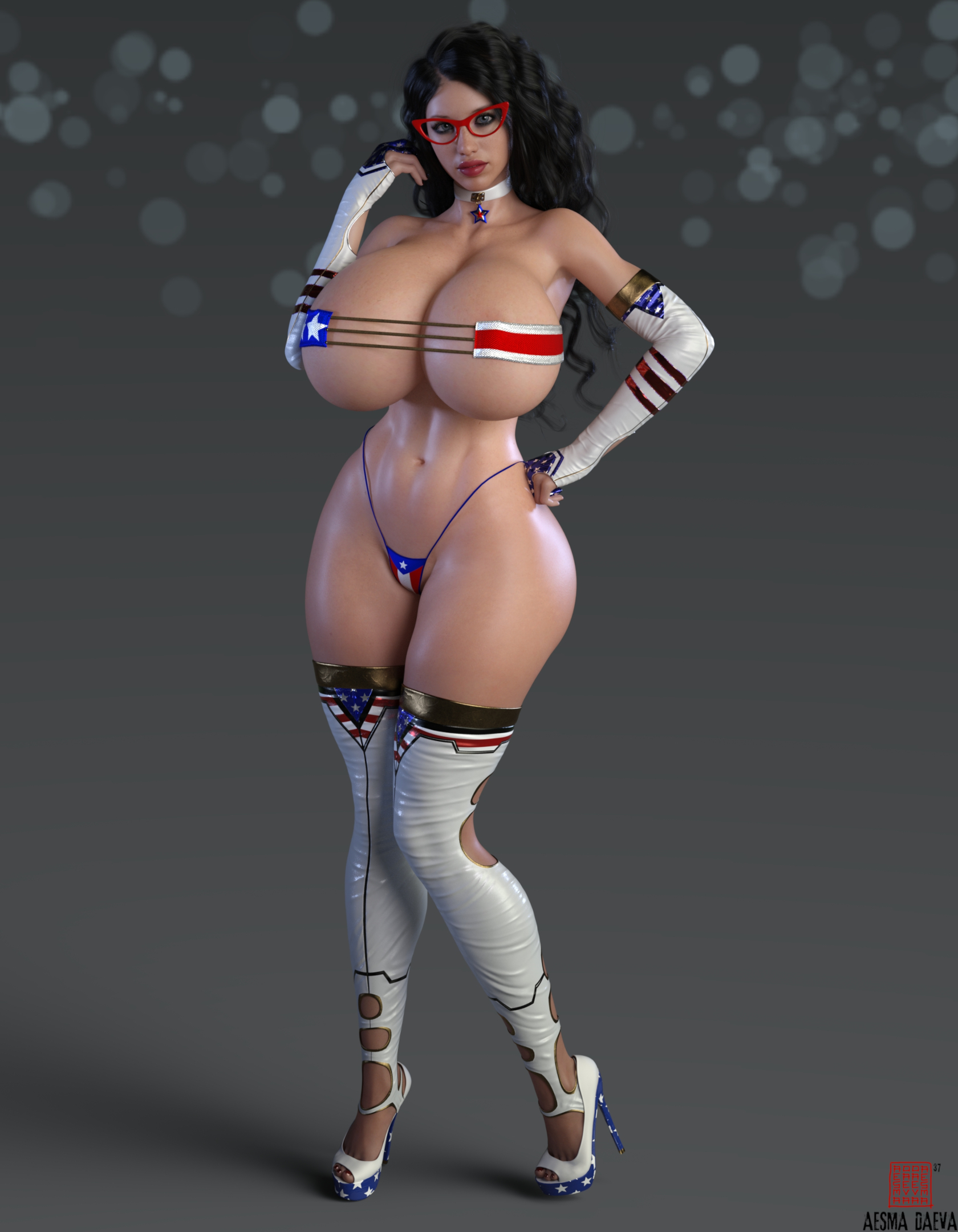 1girls, 3d, 3d (artwork), 3d model, 3d render, aesmadaeva37, american flag bikini, artist logo, artist name, barely clothed, bimbo, bimbo body, bimbo lips, black hair, breasts, brown eyes, choker, elbow gloves, female, female only, fingerless gloves, glasses, gloves, hand on hip, heel boots, heels, hips, huge breasts, large breasts, lipstick, major wonder, makeup, mascara, massive breasts, navel, panties, pinup, red nails, simple background, solo, solo female, star, superhero, superheroine, superheroinecomixxx, thigh highs, thighhighs, thighs, toes, toned, toned body, toned female, toned stomach, white female, wide hips