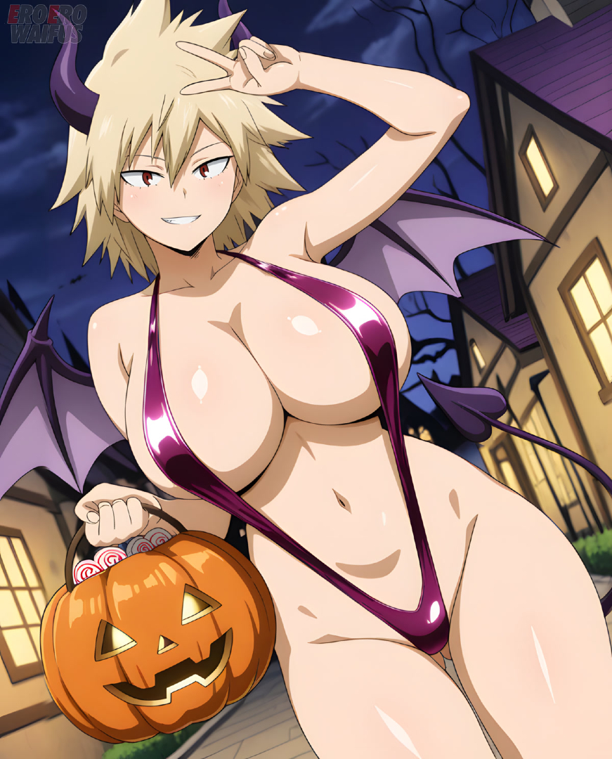 ai generated, bare thighs, blonde hair, boku no hero academia, breasts, eroero waifus, female, gigantic breasts, halloween, huge breasts, huge thighs, light skin, light-skinned female, looking at viewer, massive breasts, mitsuki bakugou, my hero academia, red eyes, short hair, sling bikini, slingshot swimsuit, smiling, solo female, spiky hair, squatting, succubus, succubus horns, succubus tail, succubus wings, sweat, sweatdrop, thick body, thick female, thick thighs, thighs, voluptuous, voluptuous female