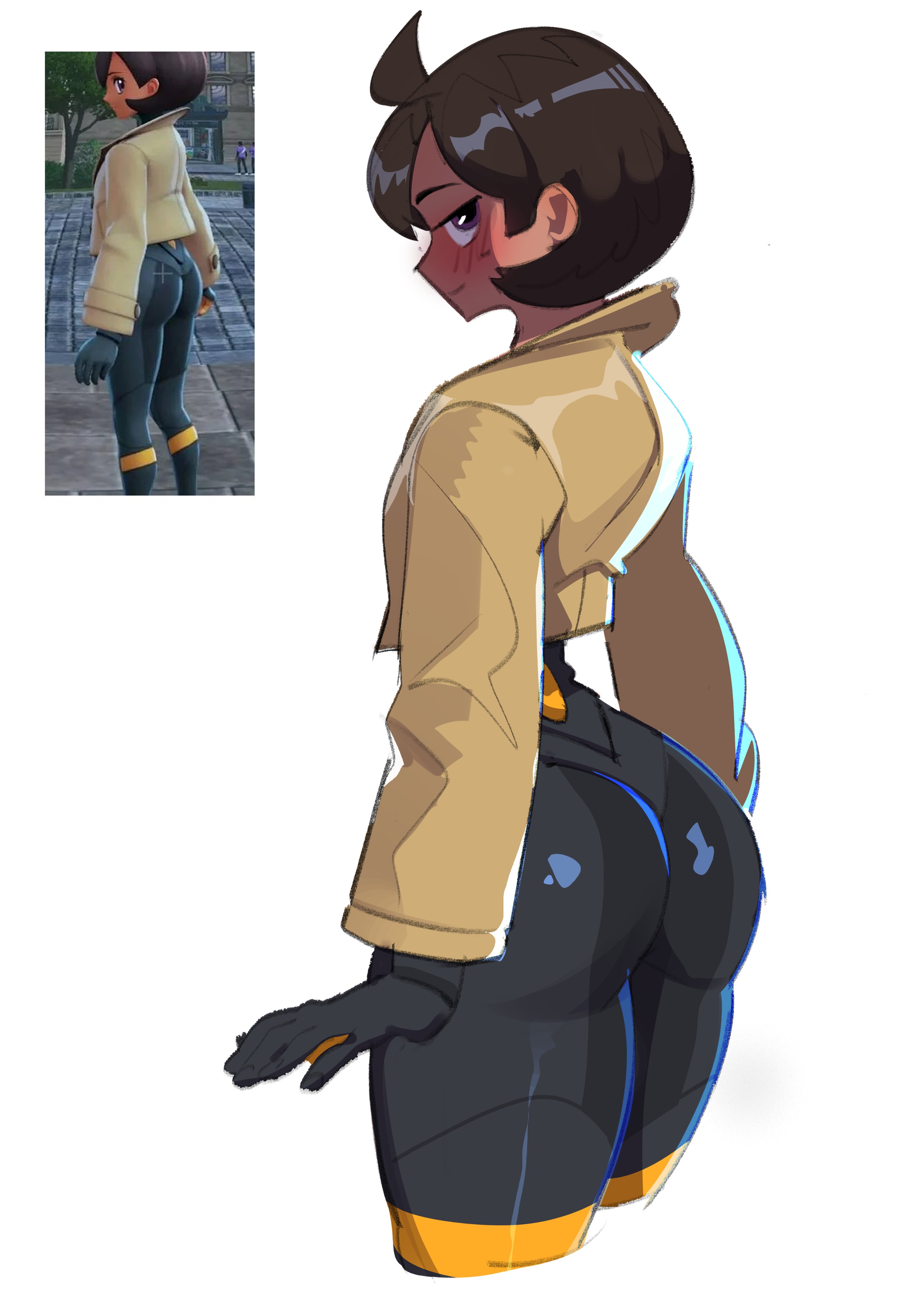 1girls, antwolph, ass, asswolph, bodysuit, bubble butt, coat, dark skin, dark-skinned female, emma (pokemon), female, female focus, female only, jacket, large ass, looking at viewer, looking back, matiere (pokemon legends: z-a), matiere (pokemon), nintendo, pokemon, pokemon legends: z-a, solo, tan skin, tan-skinned female, thick thighs, thighs, tight clothing, tomboyish, wide hips