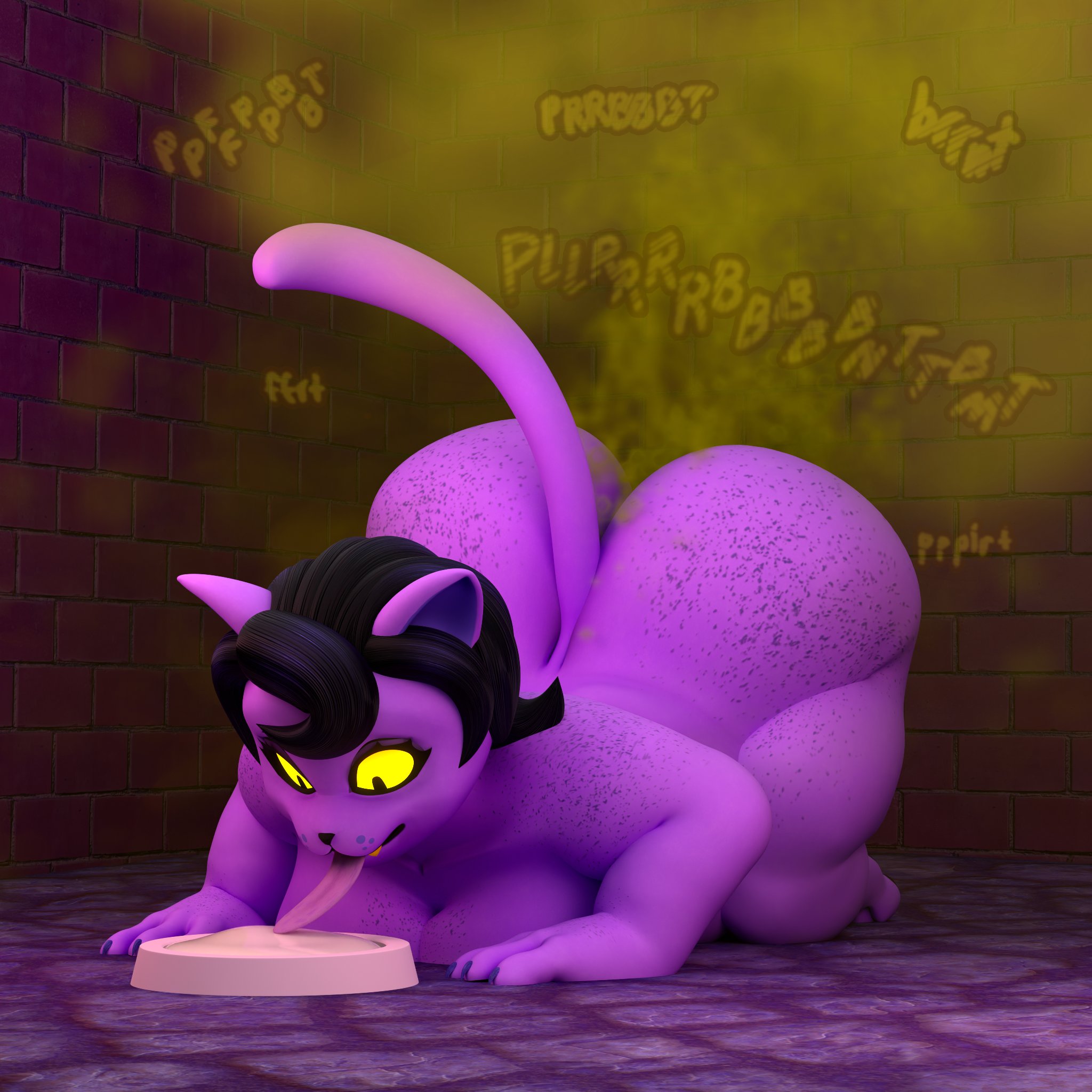 all fours, ass, ass in air, bare ass, big ass, big butt, catty (undertale), drinking, fart, fart cloud, fart fetish, farting, farts, female, female focus, female only, flatulance, furry, gassy, gassy ass, gassy female, huge ass, huge butt, milk, mrrainbow, naked, naked female, nude, purple body, solo, solo female, solo focus, toby fox, undertale, yellow sclera