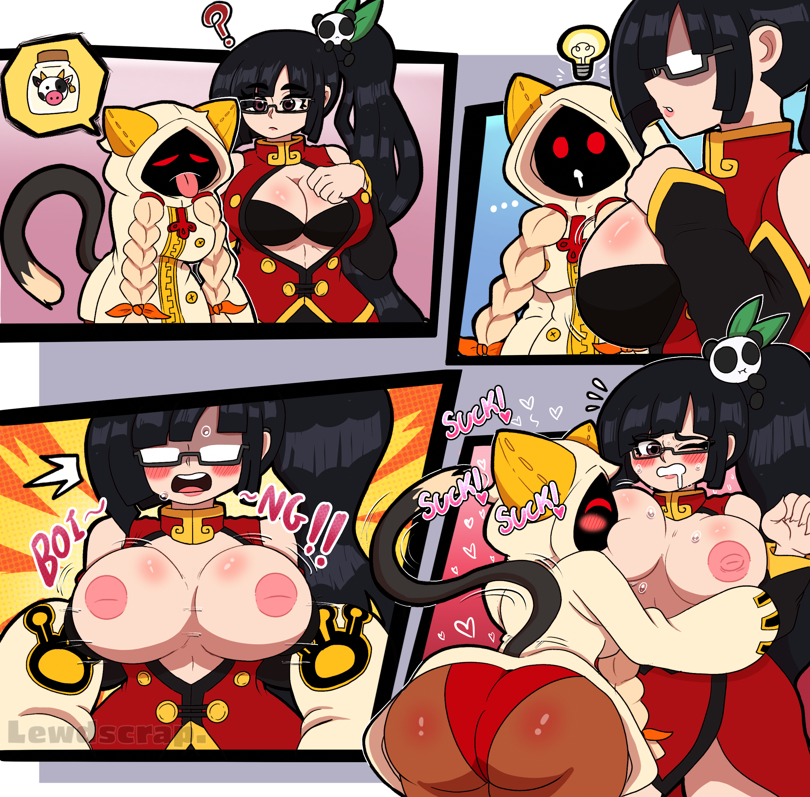 2girls, assisted exposure, big ass, big breasts, blazblue, bouncing breasts, breast sucking, breasts, female, inverted nipples, large breasts, lewdscrap, litchi faye ling, questionable consent, sucking breasts, tail, taokaka, yuri