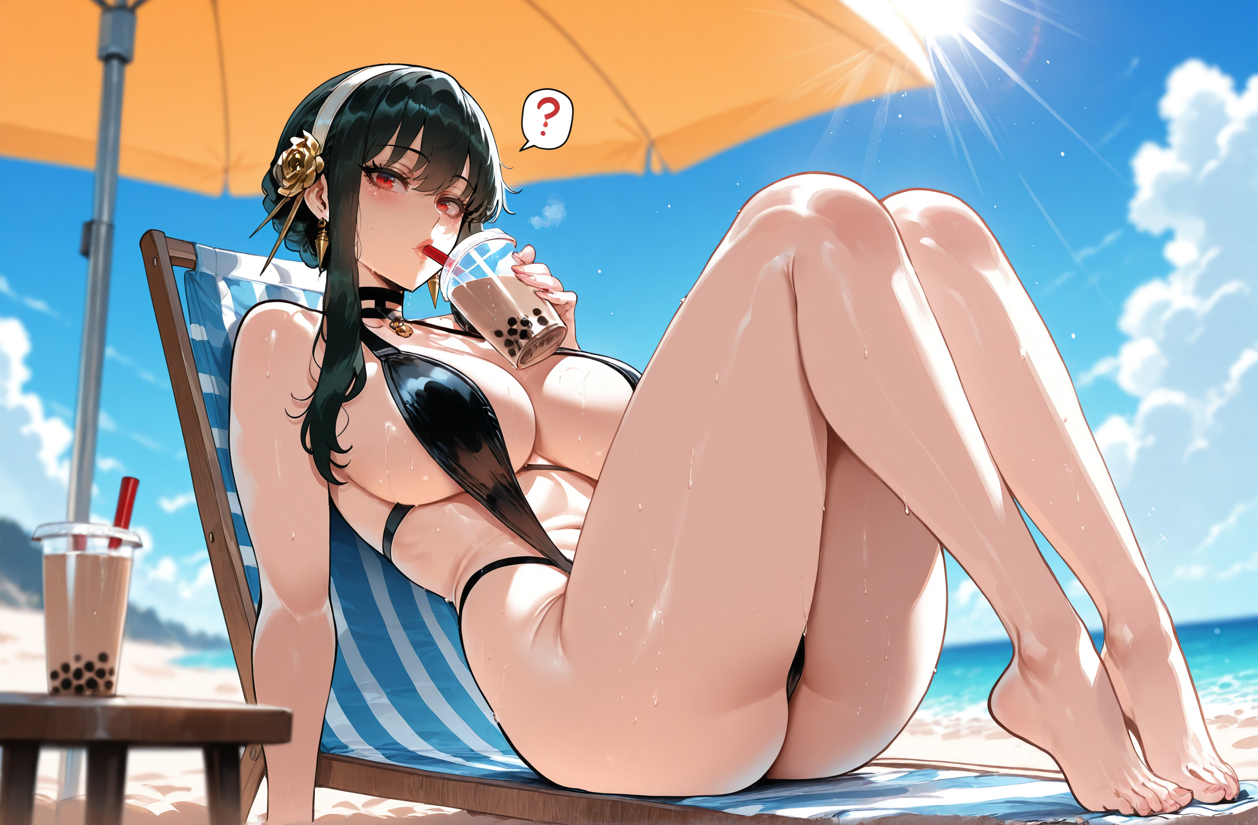 ?, 1girls, ai generated, ass, bangs, bare legs, bare shoulders, barefoot, beach, beach chair, beach umbrella, bikini, black choker, black hair, black one-piece swimsuit, black swimsuit, blue sky, blush, breasts, bubble tea, chair, choker, cleavage, clothing, cloud, cup, curvaceous, curvaceous female, curvaceous figure, curvy, curvy figure, day, disposable cup, drink, drinking, drinking glass, drinking straw, drinking straw in mouth, earrings, exhibitionism, feet, female, female focus, female only, flower, full body, gold earrings, gold hairband, hair flower, hair ornament, hairband, holding, holding cup, inviting, inviting to sex, jewelry, knees up, large breasts, leaning back, legs, long hair, looking at viewer, miyuai, ocean, one-piece swimsuit, outdoors, outside, presenting, presenting ass, presenting breasts, presenting hindquarters, presenting self, reclining, red eyes, rose, sand, seductive, seductive look, seductive smile, sideboob, sidelocks, sitting, sky, slingshot swimsuit, solo, spoken question mark, spy x family, sun, sunlight, sweat, swimsuit, thighs, toenails, toes, umbrella, voluptuous, voluptuous female, water, wet, white hairband, yor briar, yor forger