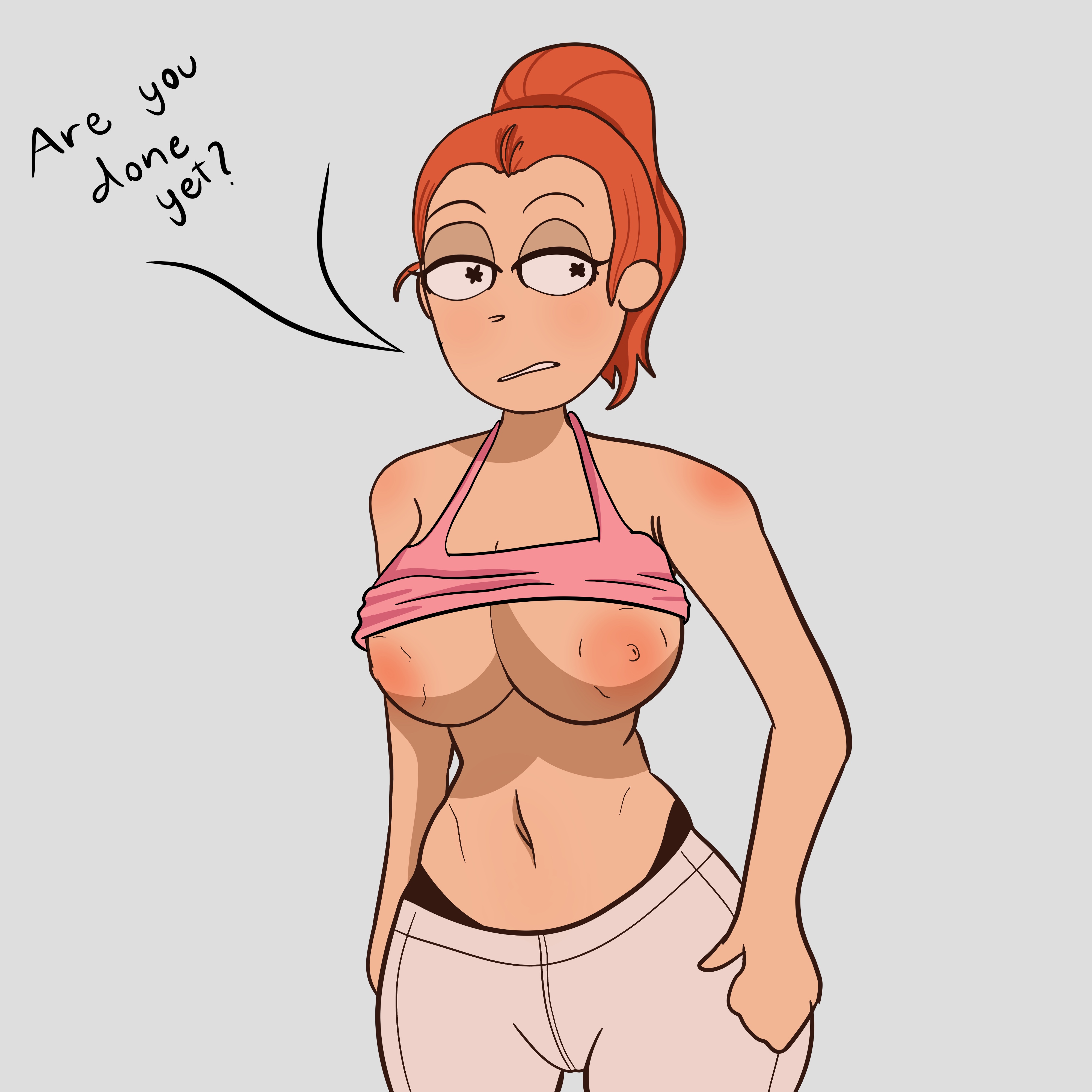 1girls, 2025, 2d, artist request, asking another, big breasts, breasts, breasts out, cartoony, english text, female, female only, mostly clothed, no sex, red hair, rick and morty, simple background, summer smith, talking to another, text