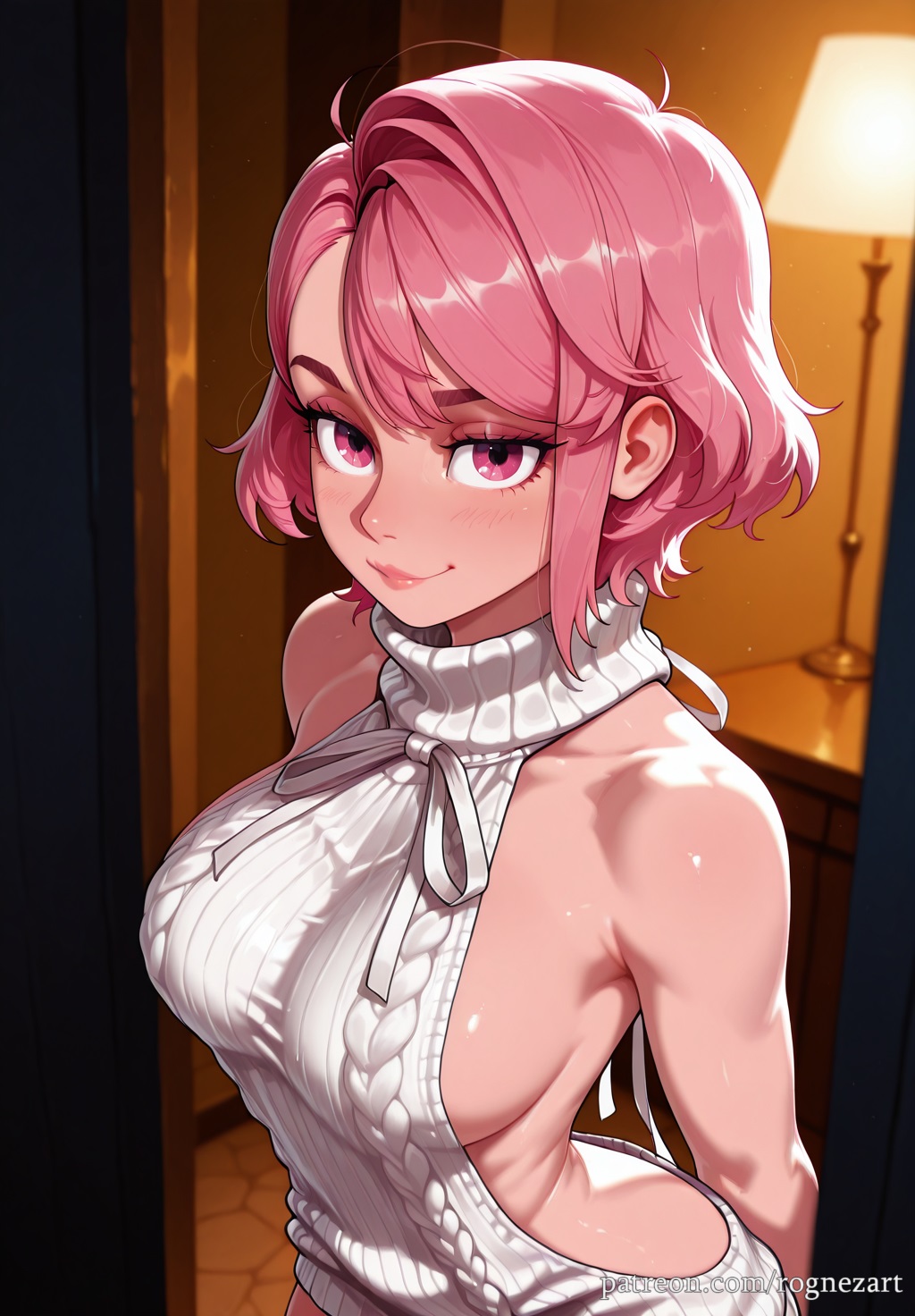 2025, ai generated, anime, aran sweater, arms behind back, artist name, backless dress, backless outfit, bangs, bare shoulders, blush, breasts, cable knit, cleavage, closed mouth, crossover, dandadan, dress, eye contact, female, female focus, female only, flushed, halterneck, highres, huge breasts, indoors, inside, large breasts, lips, looking at viewer, meme attire, naked sweater, neutral expression, patreon, pink eyes, pink hair, ribbed sweater, rognezart, shiratori aira (dandadan), short hair, sideboob, smile, smiling, solo, sweater, turtleneck, turtleneck sweater, upper body, virgin killer sweater, white sweater