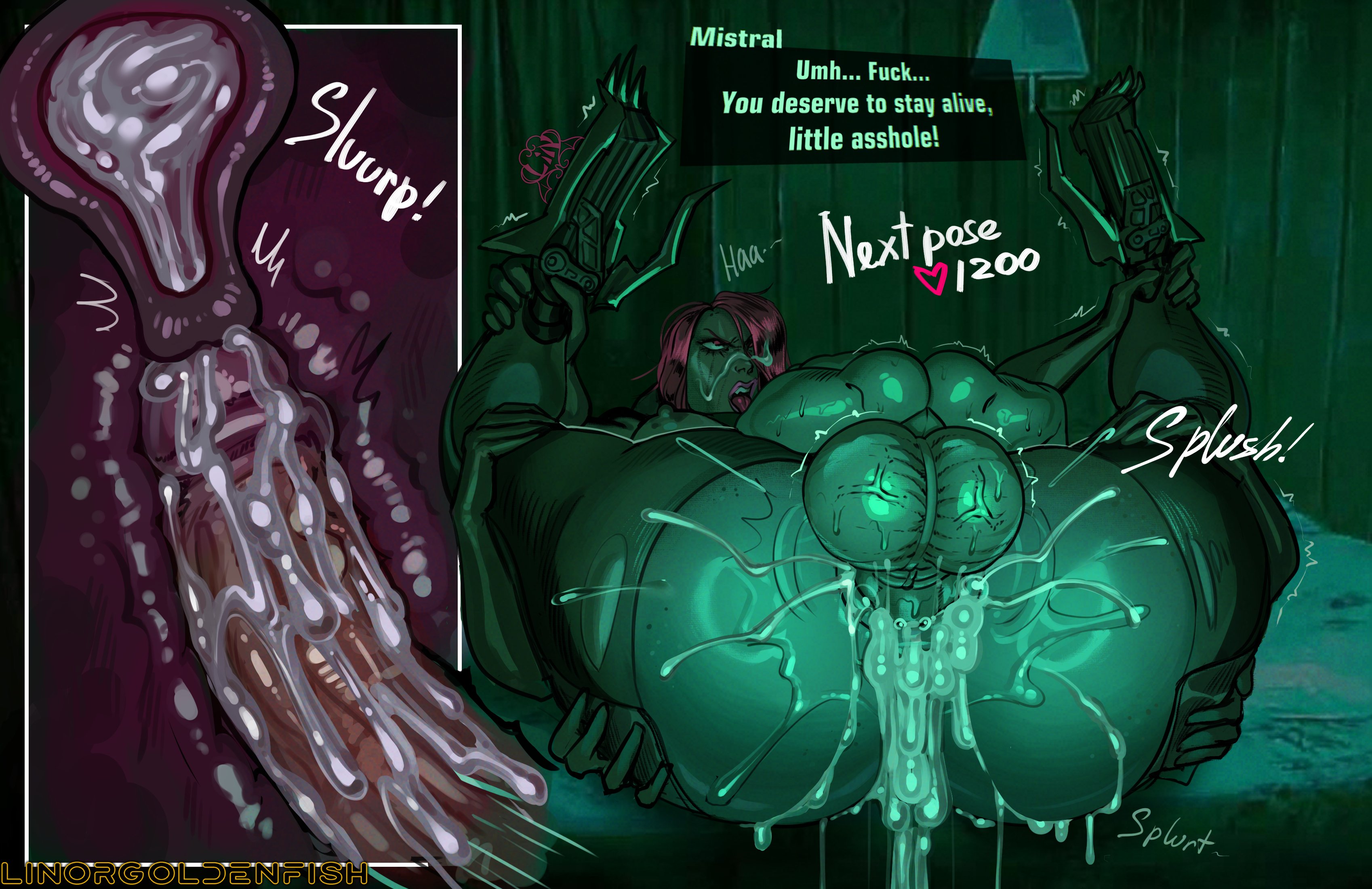 1boy, 1girls, anus, artist name, ass, balls, balls clench, breasts, cervical contact, cervix, cervix kiss, cross section, cum, cum in pussy, cum inside, cum spurt, cyborg, dark skin, dark-skinned female, deep penetration, english text, excessive cum, female, folded, freckles on ass, grabbing own ass, hair over one eye, highres, huge ass, instant loss, large ass, large balls, large breasts, large penis, large testicles, legs up, linorgoldenfish, makeup running, male, mascara running, mating press, metal gear, metal gear rising, metal gear rising: revengeance, mistral (metal gear rising), motion lines, multi arm, multi limb, muscular, muscular female, night, no, i'm not a human, no, i'm not a human (meme), onomatopoeia, open mouth, penetration, penis, purple hair, pussy, reward available, sex, solo, straight, testicles, text box, thick thighs, thighs, toned female, tongue, tongue out, torn clothes, uterus, vaginal penetration, vaginal sex, veiny penis