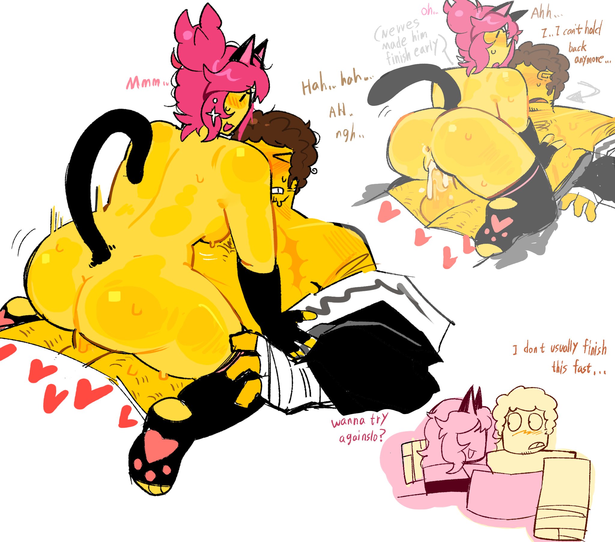 1boy, 1girls, anus, ass, balls, big ass, blocky body, brighteyes, brown hair, cat ears, cat tail, catgirl, couple, cum, cum in pussy, dominant female, ejaculation, english text, feet, female, female on top, male, penis, pink hair, pussy, roblox, roblox admins, robloxian, sex, shedletsky, straight, submissive male, tagme, telamon, text, thighs, vaginal penetration, whitetea2007