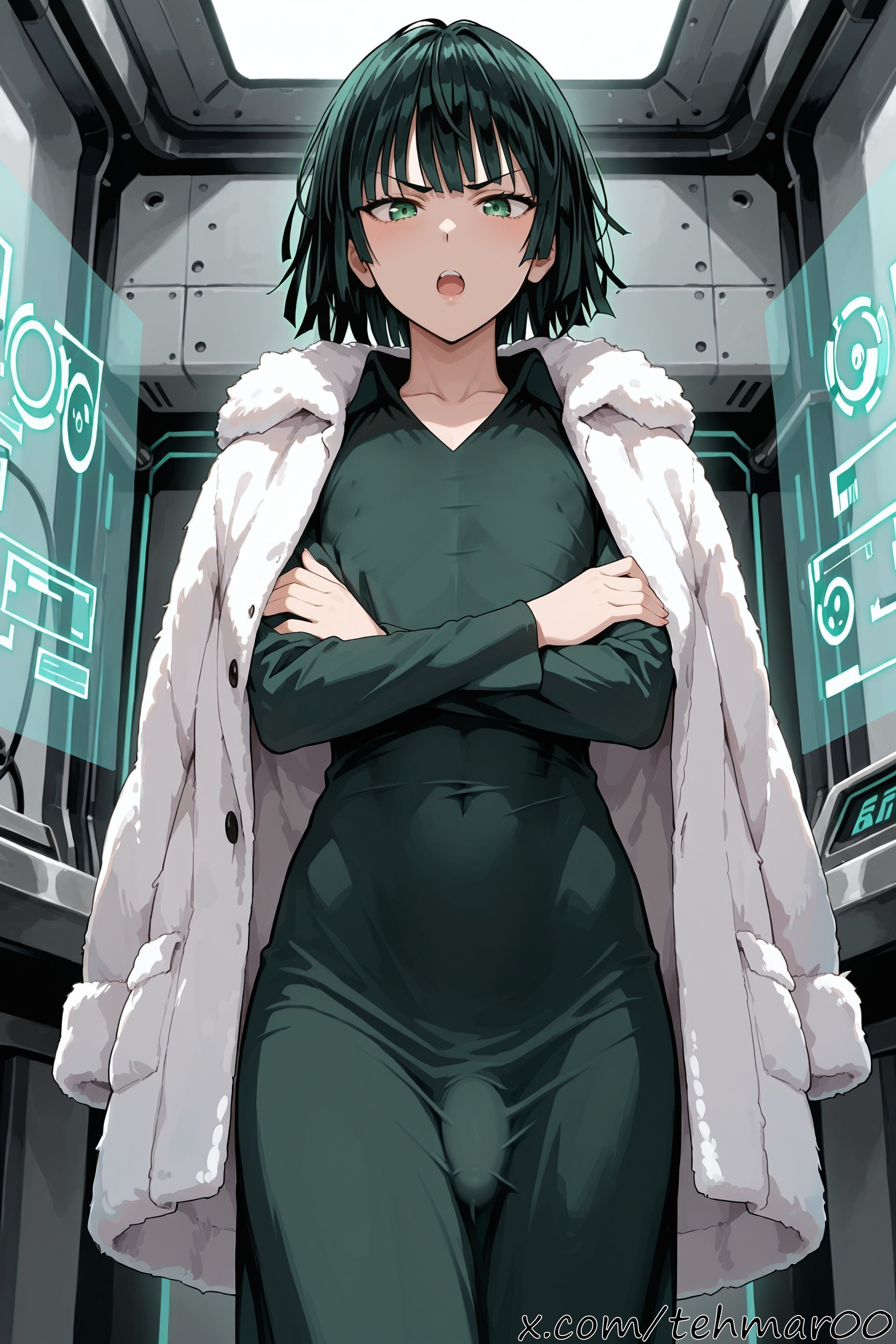 1boy, ai generated, bangs, bulge, coat, collarbone, collared dress, covered navel, cowboy shot, crossed arms, dress, femboy, flat chest, fubuki (one-punch man), fur coat, genderswap (ftm), green dress, green eyes, green hair, holographic screen, jacket on shoulders, long sleeves, looking at viewer, male, one-punch man, open coat, open mouth, rule 63, short hair, solo, standing, tagme, tehmar, thigh gap, trans woman, transfem, trap, white coat