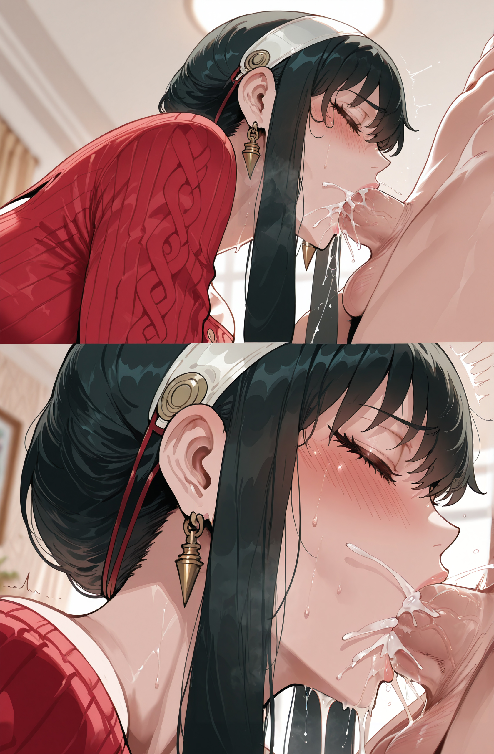 1boy, 1girls, ai generated, balls, bangs, black hair, blush, breasts, closed eyes, clothed female nude male, clothing, cum, cum in mouth, cum overflow, curvaceous, curvaceous female, curvaceous figure, curvy, curvy figure, deepthroat, earrings, ejaculation, erection, fellatio, female, female focus, from side, gold earrings, hairband, headwear, husband and wife, indoors, jewelry, large breasts, loid forger, long hair, male, miyuai, multiple views, nude, oral, penis, red sweater, saliva, semen, sidelocks, solo focus, spy x family, straight, sweat, sweater, sweater dress, testicles, voluptuous, voluptuous female, white hairband, yor briar, yor forger