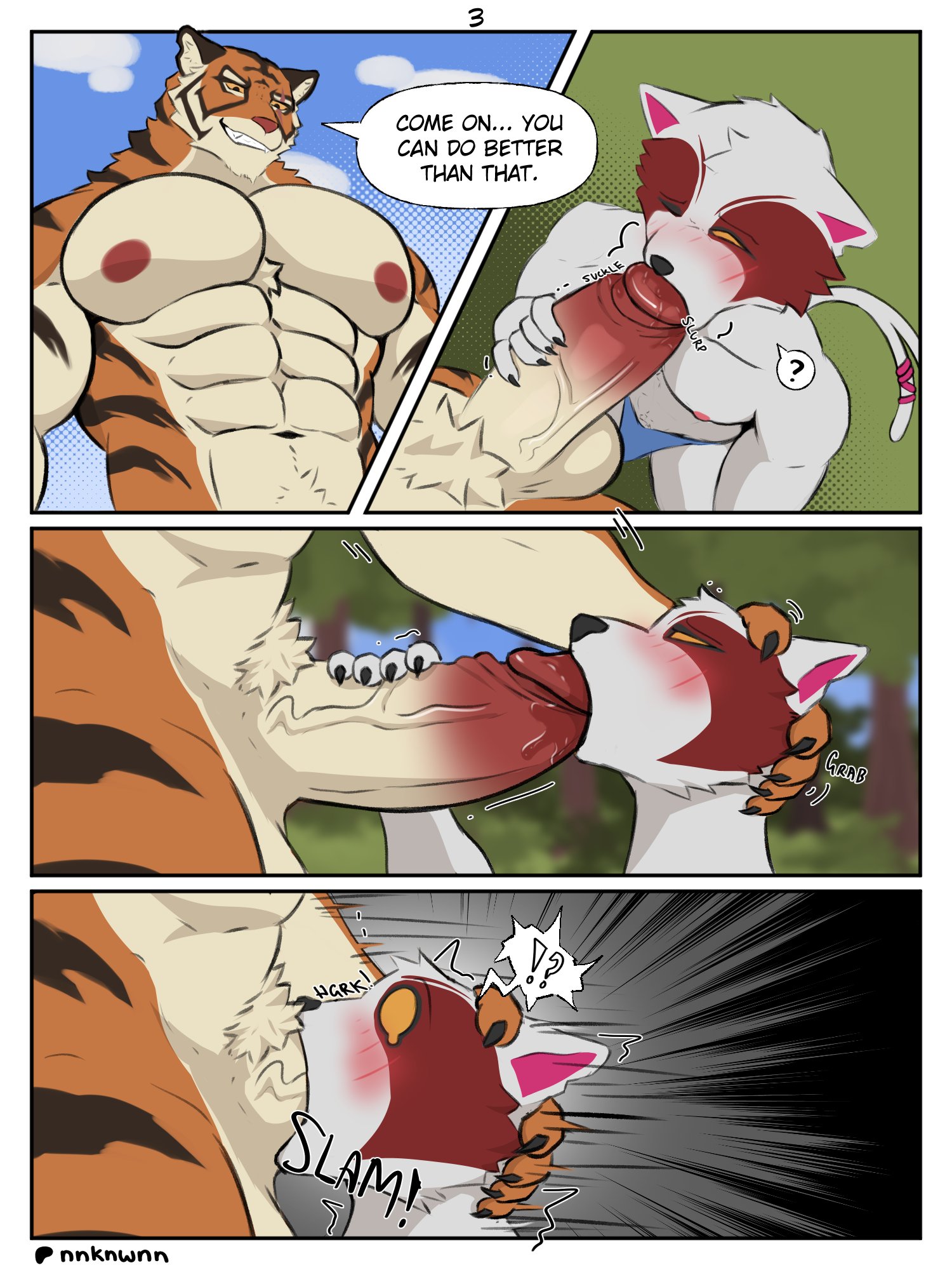 abs, anthro, balls, big penis, blush, bodily fluids, comic, domestic cat, duo, english text, epic games, erection, felid, feline, felis, fellatio, fortnite, fur, genitals, hi res, humanoid, humanoid genitalia, humanoid penis, male, male/male, mammal, muscular, muscular anthro, muscular male, nipples, nnknwnn (artist), nude, nyanja (fortnite), oral, oral penetration, oscar (fortnite), pantherine, pecs, penetration, penile, penis, saliva, sex, stripes, text, tiger, vein, veiny penis, white body