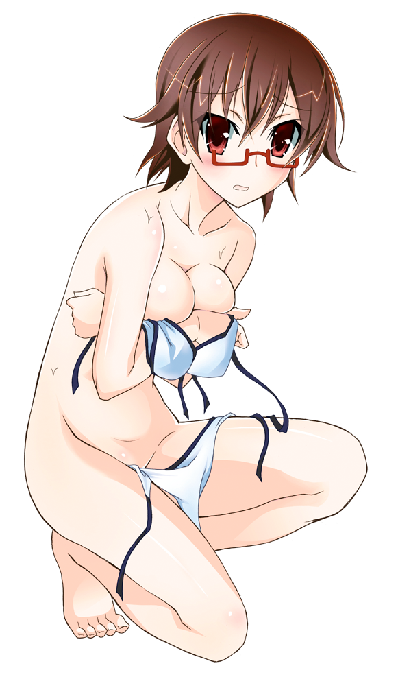 bikini blush breast_hold breasts brown_eyes brown_hair cleavage covering covering_breasts embarrassed female female_only glasses half_rim_glasses human human_only k-on! matsuno_susumu mound_of_venus nodoka_manabe_(k-on!) red-framed_glasses semi-rimless_glasses short_hair side-tie_bikini solo swimsuit transparent_background under-rim_glasses untied wardrobe_malfunction