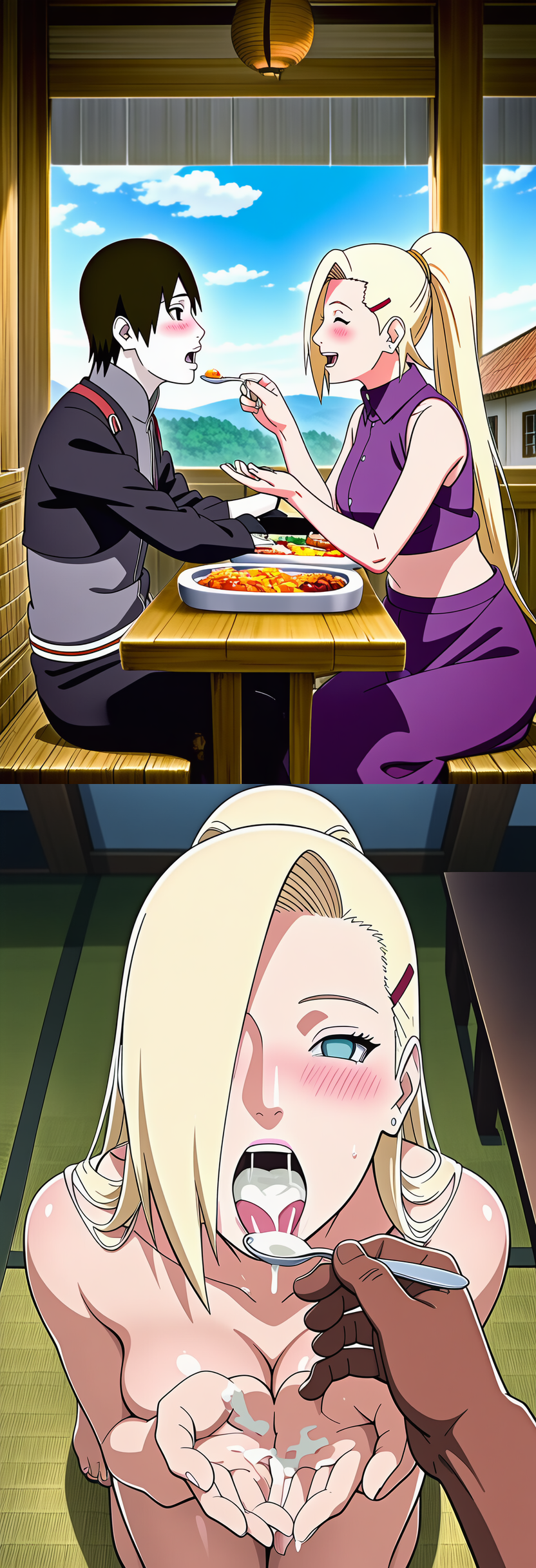 1girls, 2boys, ai generated, anime, anime style, aroused, bangs, bare breasts, bedroom, before and after, begging, black hair, blue eyes, blush, boruto: naruto next generations, breasts, breasts exposed, canon couple, cheating, cheating wife, completely nude, couple, covered eye, cuckold, cum, cum drip, cum in mouth, cum on cheek, cum on face, cum on tongue, cute, dark skin, dark-skinned male, day, daytime, embarrassed, feeding, female, food, grey eyes, half-closed eyes, hand on chin, hand under chin, hi res, highres, husband and wife, indoors, ino yamanaka, interracial, intimacy, kneeling, lewd, light skin, light-skinned female, light-skinned male, long hair, looking at viewer, lovers, male, male pov, medium breasts, milf, naruto, naruto (series), netorare, ninja girl, nipples, novelai, ntr, nude, nude female, on knees, open mouth, pink nipples, platinum blonde hair, pleasure, pleasured, ponytail, pov, sai, sitting, soft breasts, solo, solo female, solo focus, spoon, table, tongue, tongue out, uncensored, upper body